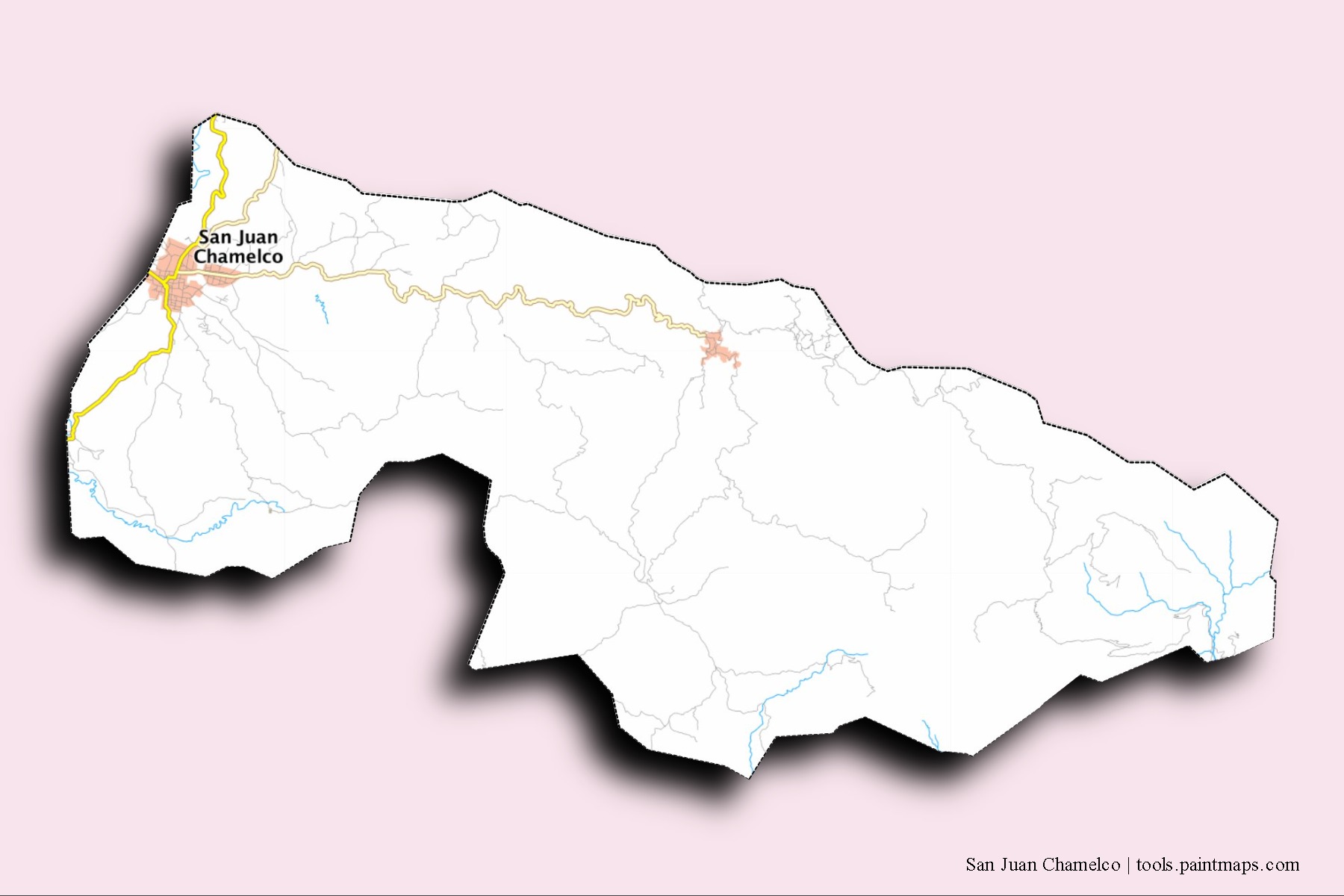 Mapa de barrios y pueblos de San Juan Chamelco con efecto de sombra 3D