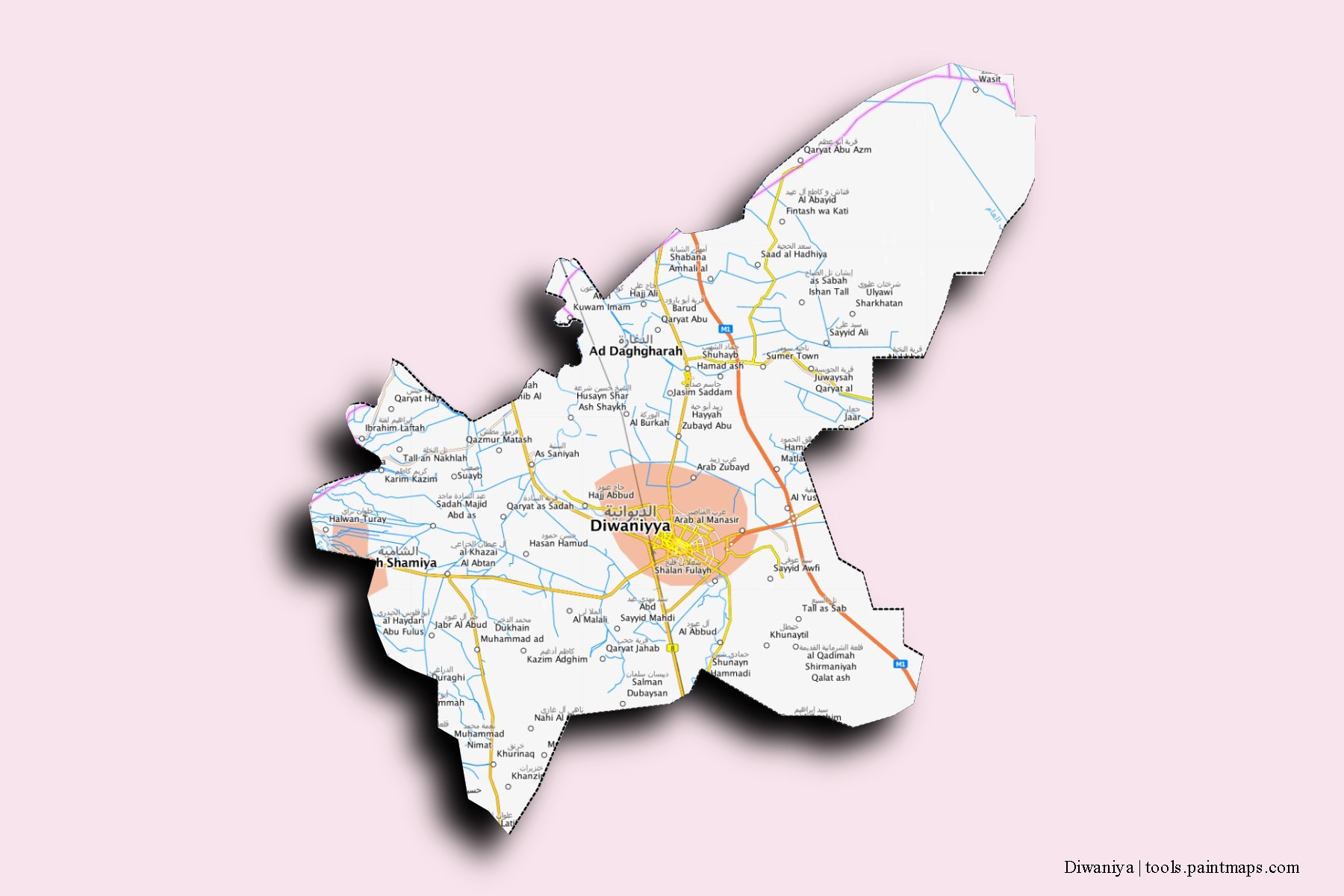 3D gölge efektli Diwaniya mahalleleri ve köyleri haritası