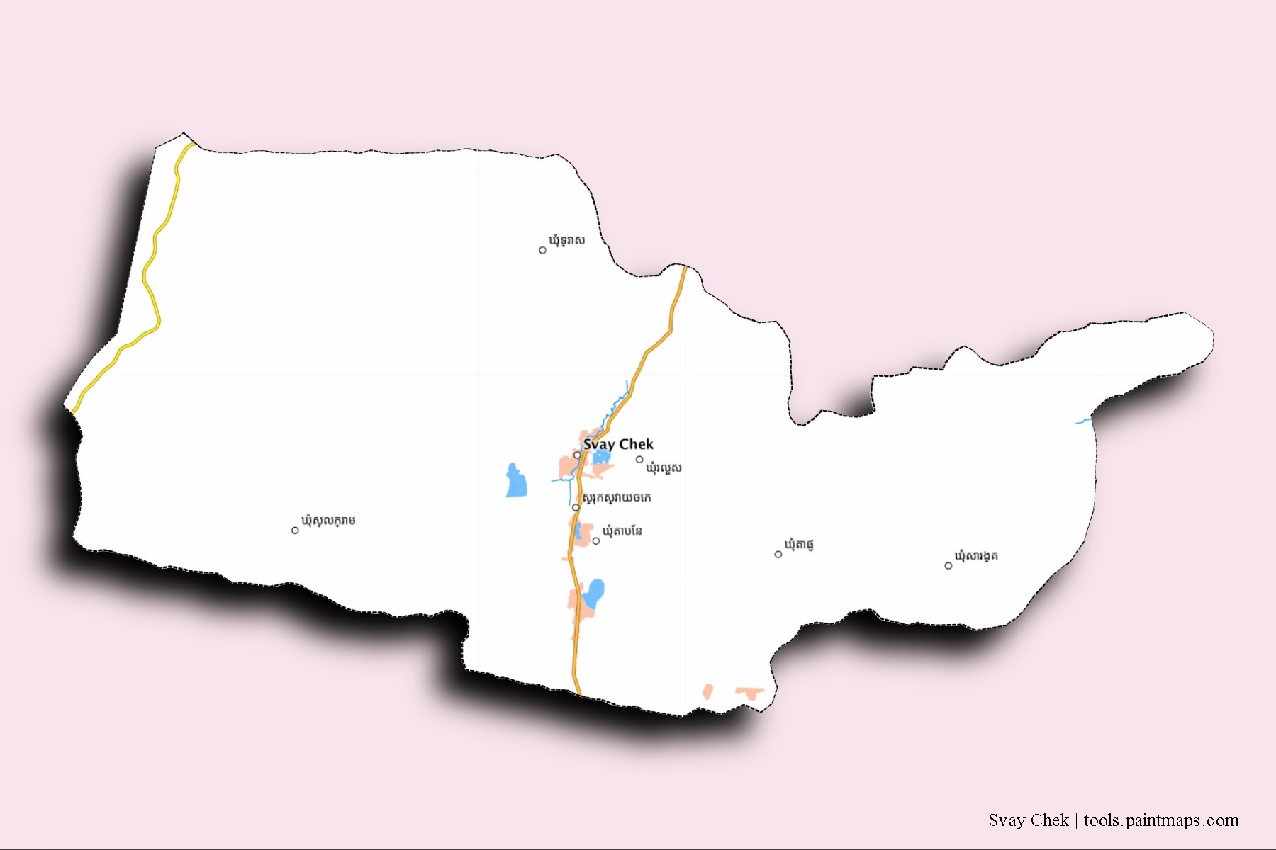 Mapa de barrios y pueblos de Svay Chek con efecto de sombra 3D