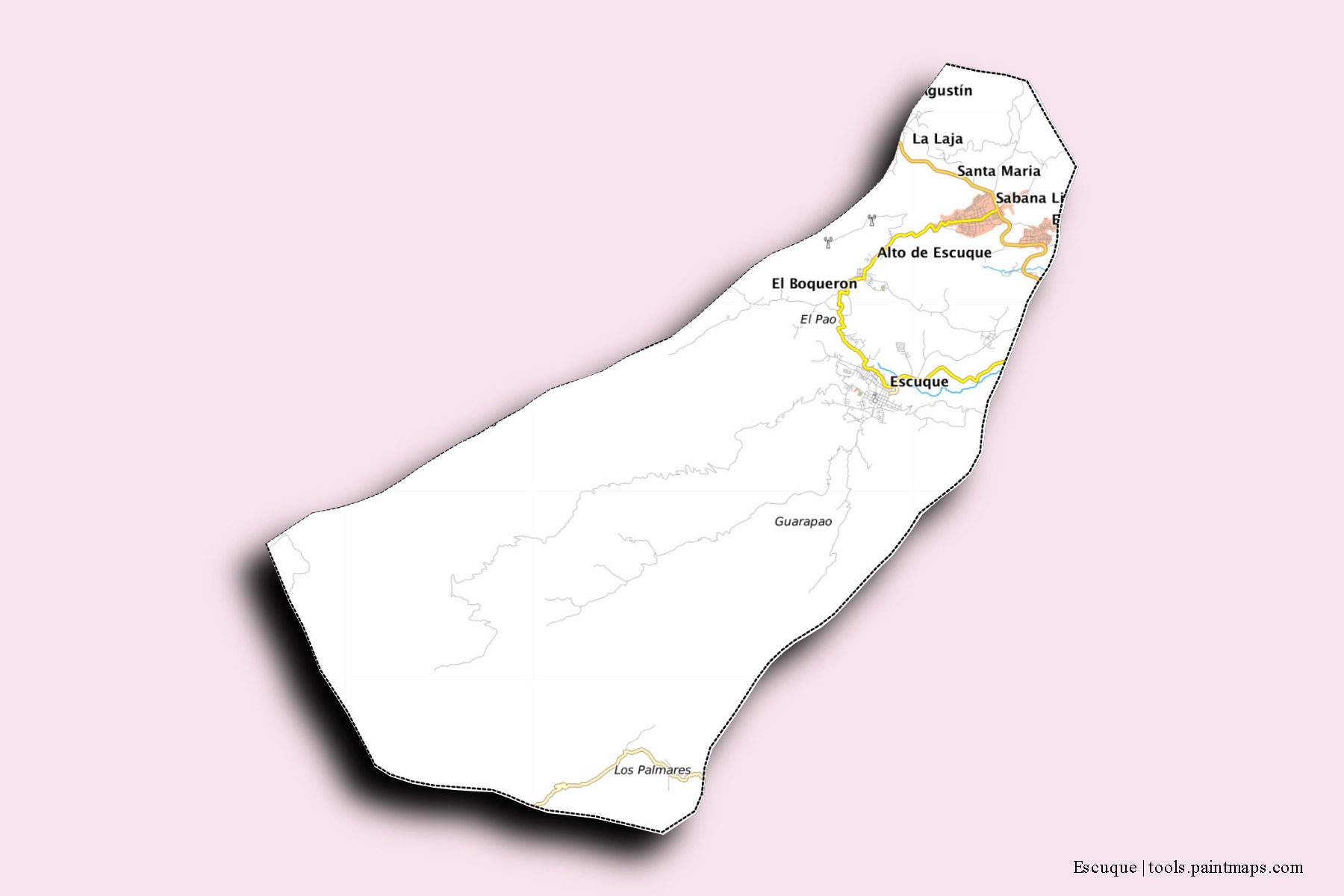 Mapa de barrios y pueblos de Escuque con efecto de sombra 3D