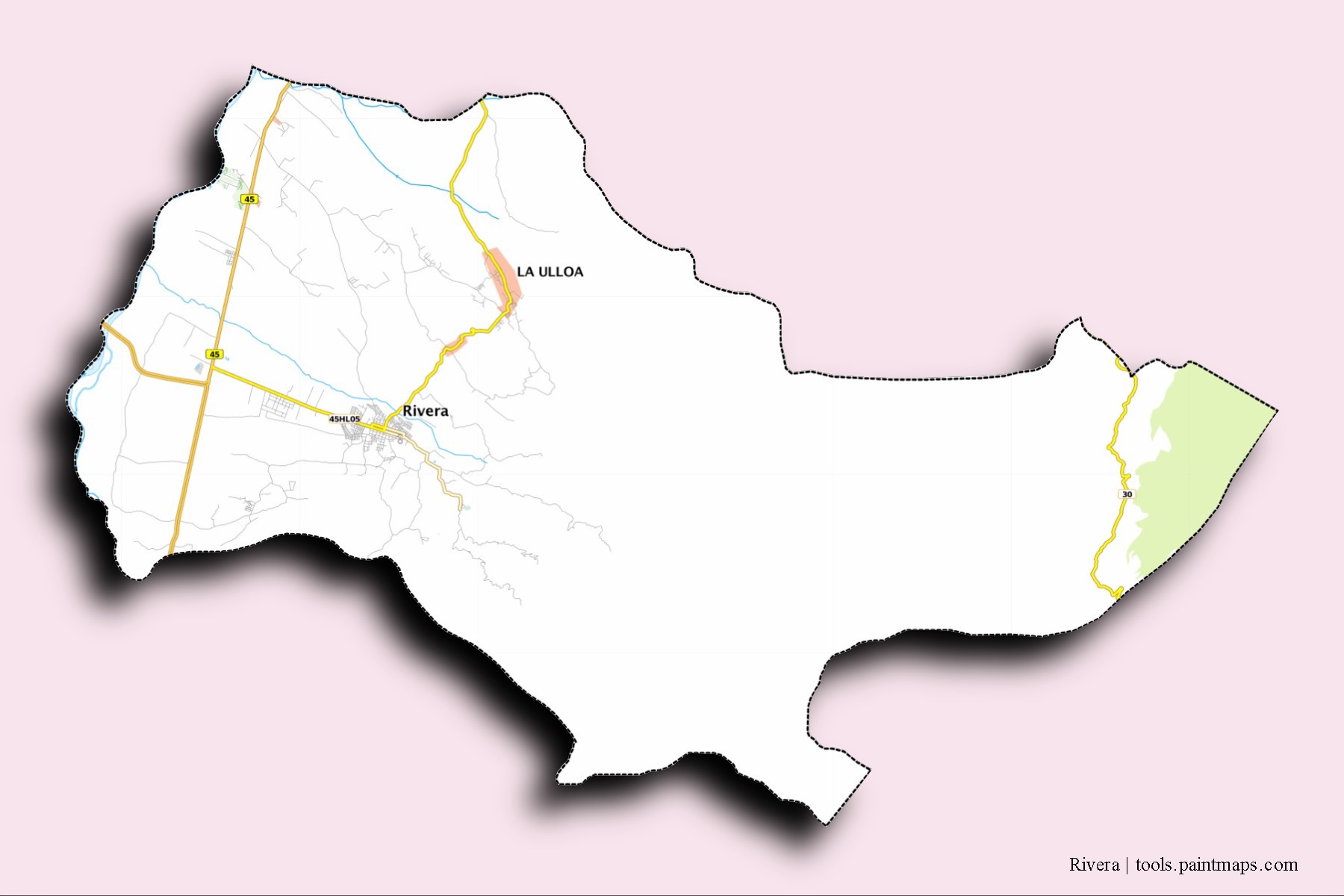 Mapa de barrios y pueblos de Rivera con efecto de sombra 3D