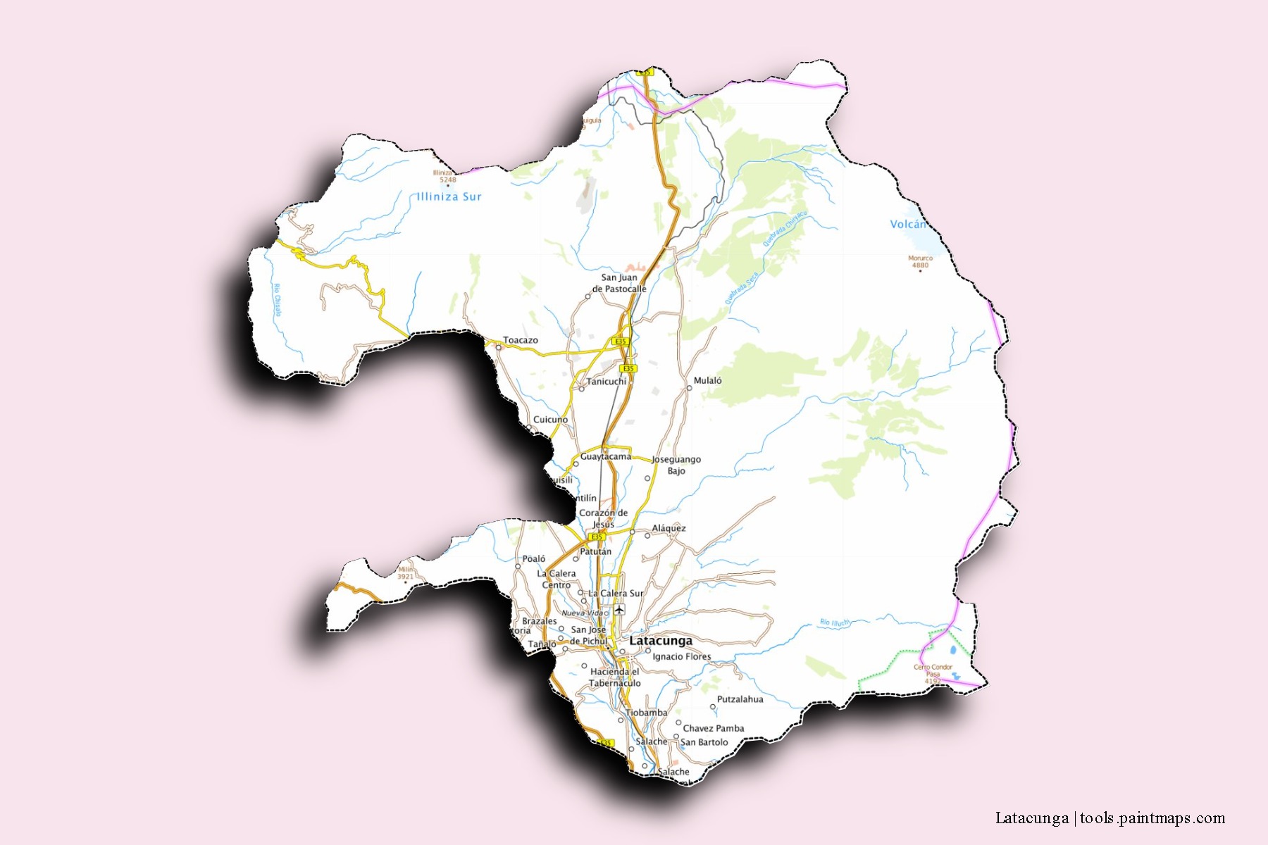 Mapa de barrios y pueblos de Latacunga con efecto de sombra 3D