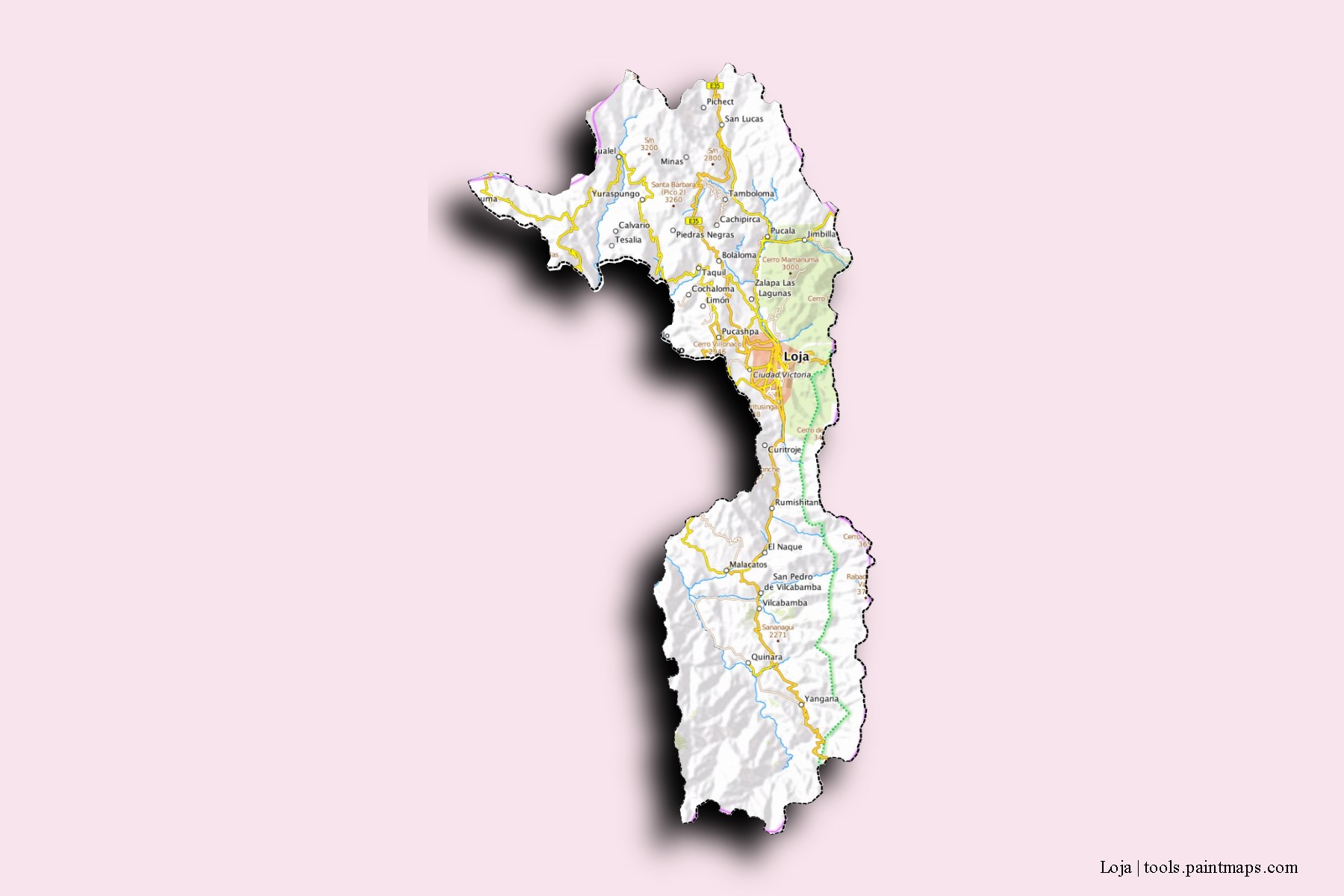 Mapa de barrios y pueblos de Loja con efecto de sombra 3D