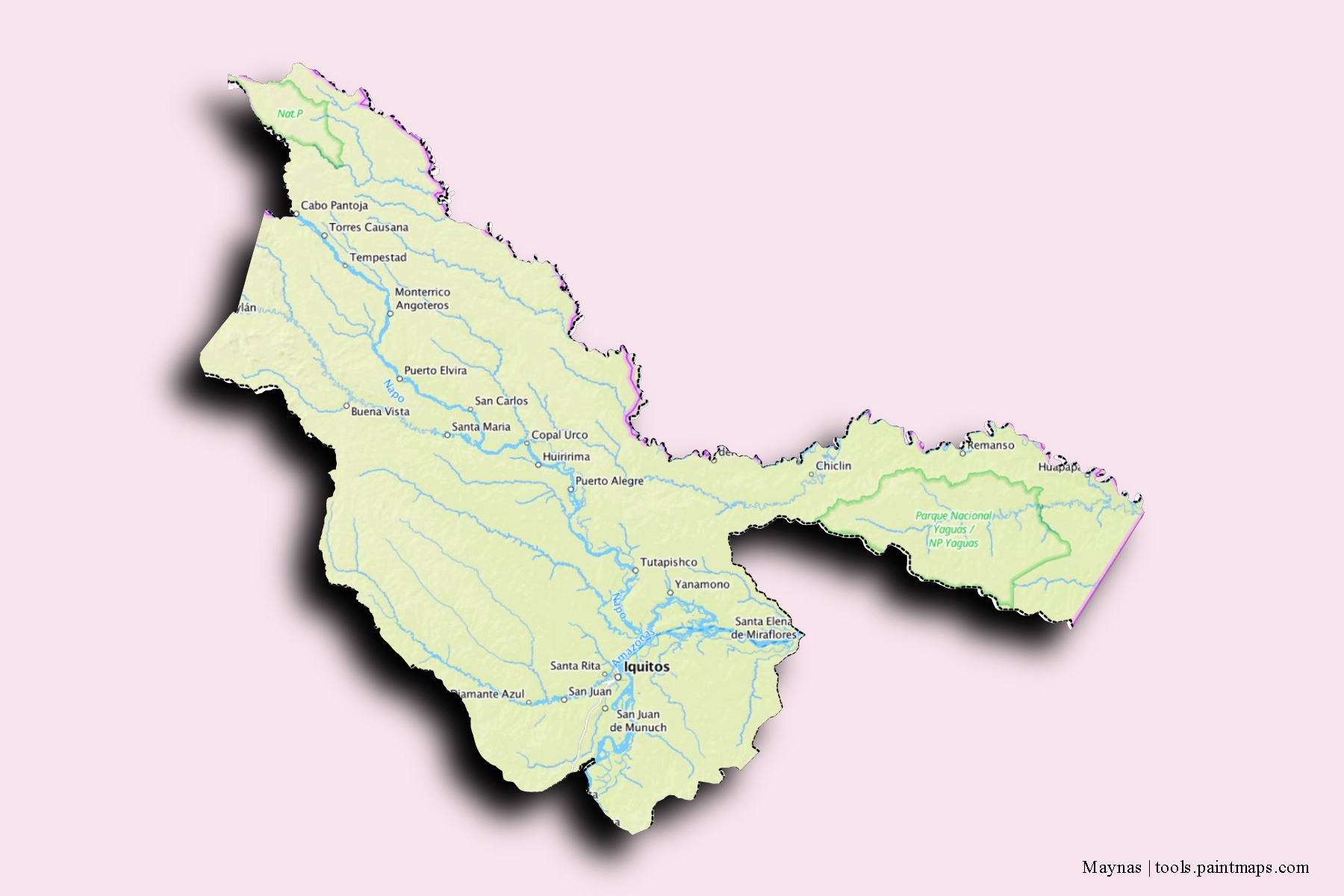 Maynas neighborhoods and villages map with 3D shadow effect