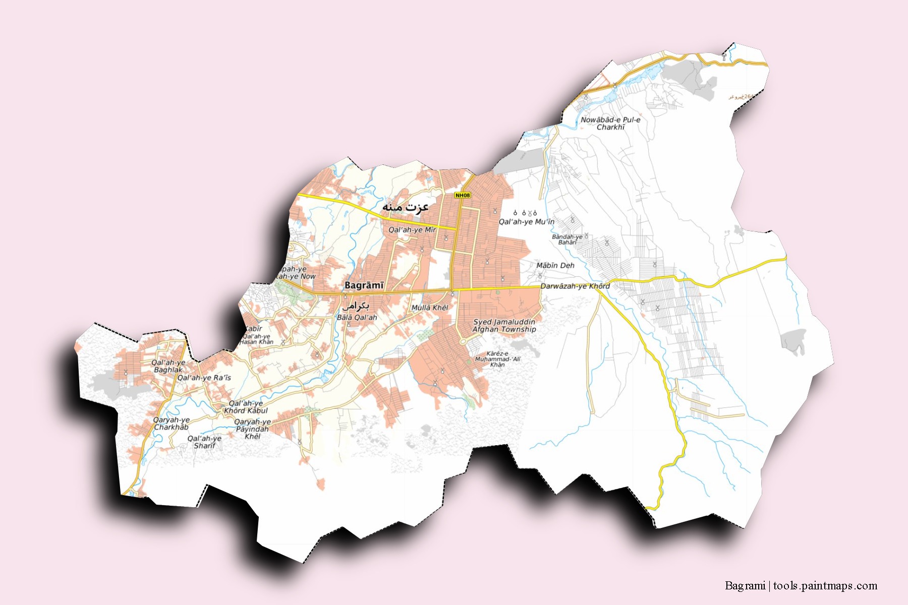 Bagrami neighborhoods and villages map with 3D shadow effect