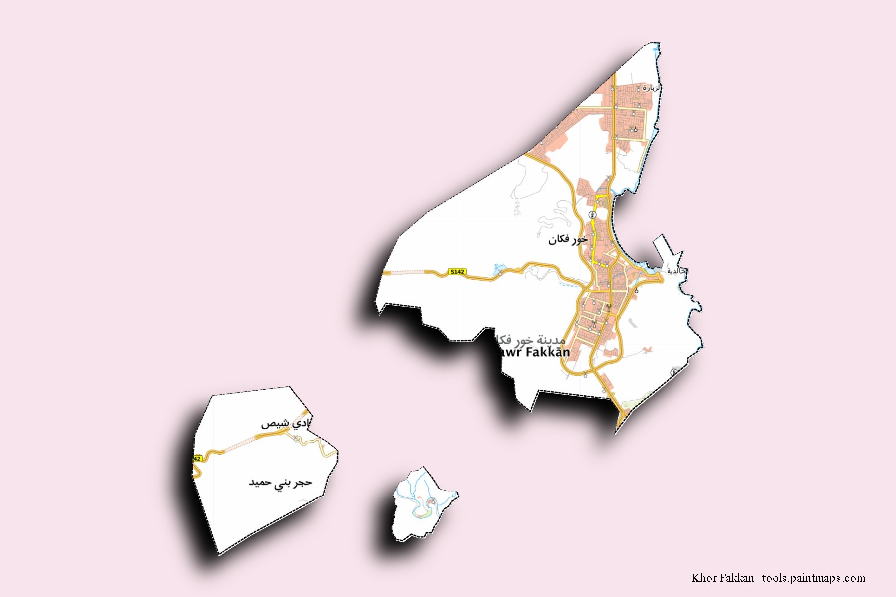 Mapa de barrios y pueblos de Khor Fakkan con efecto de sombra 3D