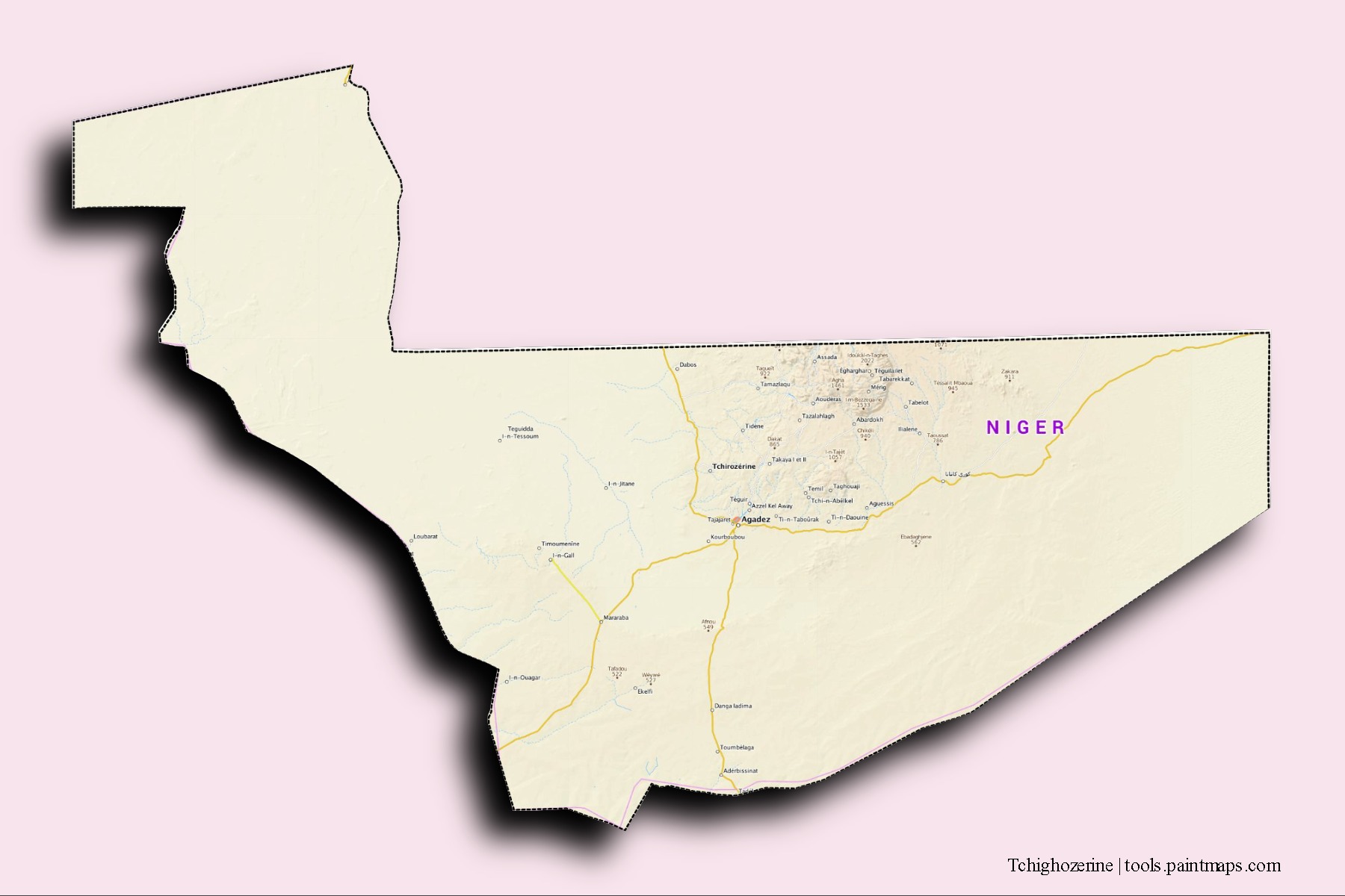 Mapa de barrios y pueblos de Tchighozerine con efecto de sombra 3D