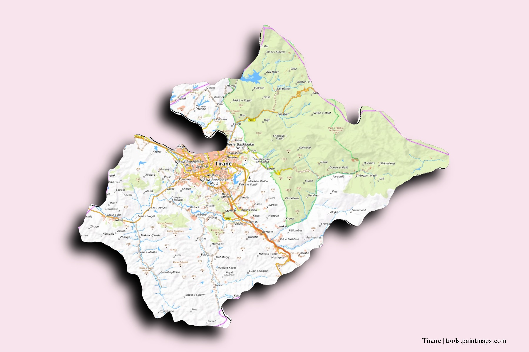 Tirana neighborhoods and villages map with 3D shadow effect