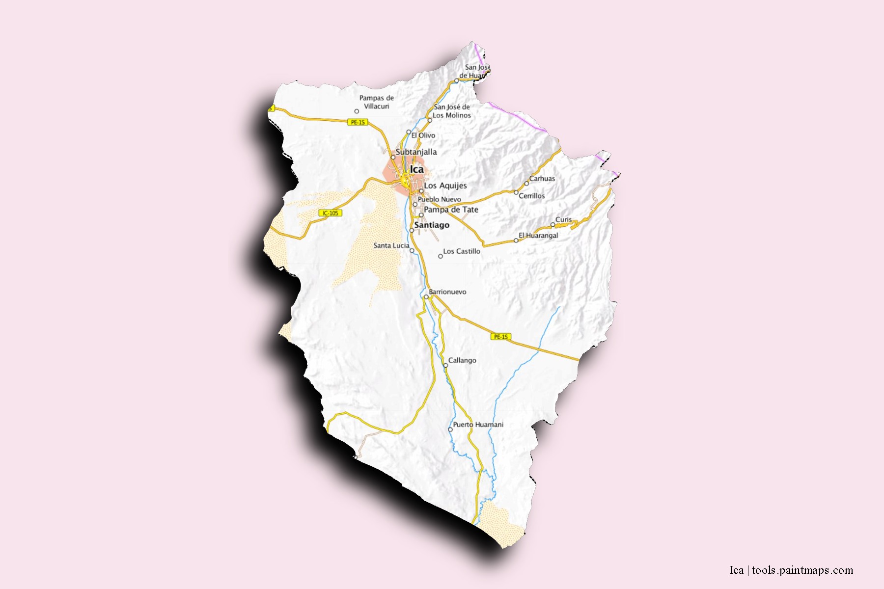 Mapa de barrios y pueblos de Ica con efecto de sombra 3D