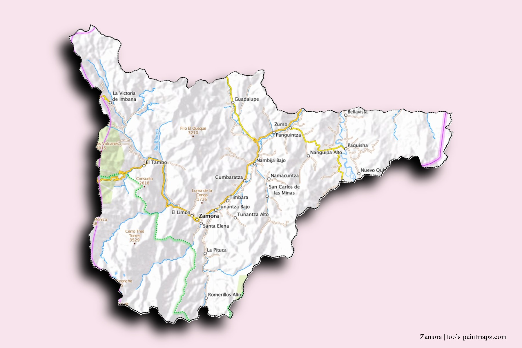 Mapa de barrios y pueblos de Zamora con efecto de sombra 3D