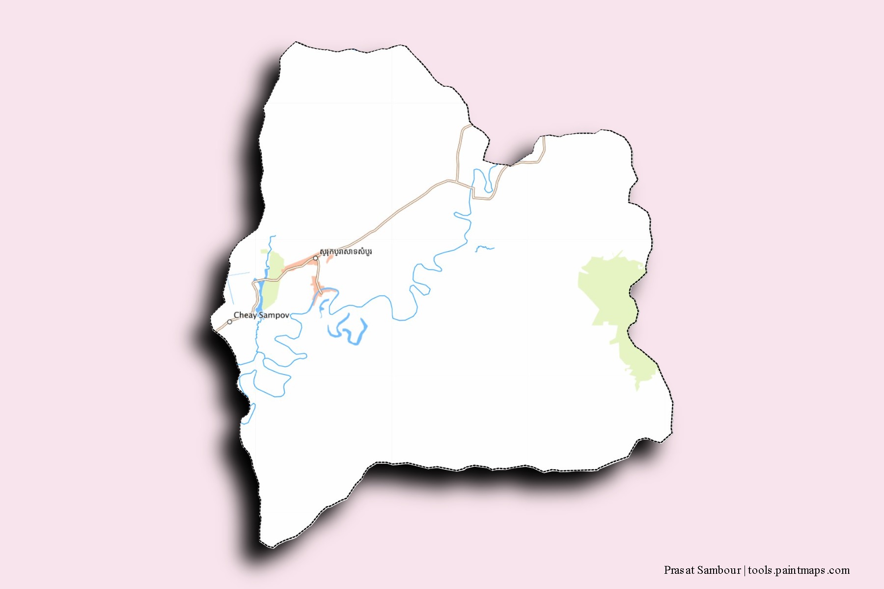 Mapa de barrios y pueblos de Prasat Sambour con efecto de sombra 3D