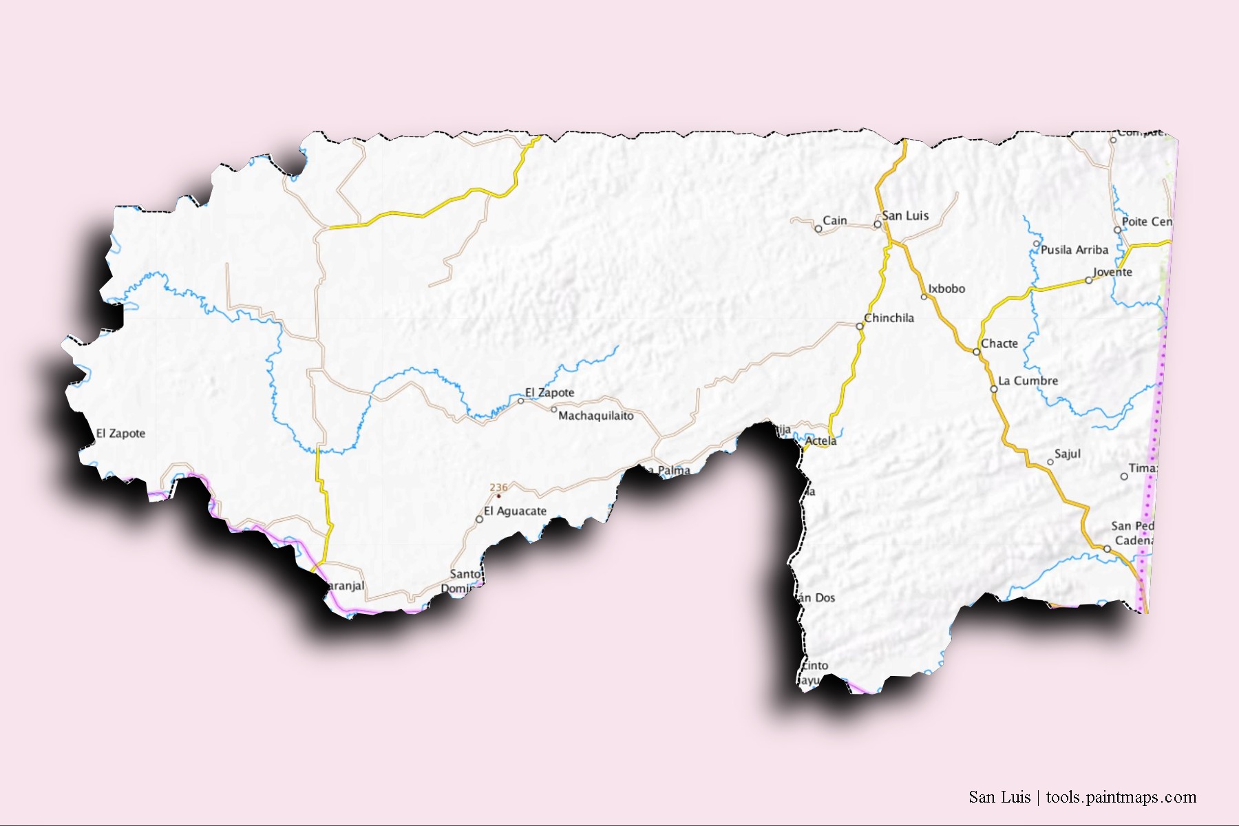 Mapa de barrios y pueblos de San Luis con efecto de sombra 3D