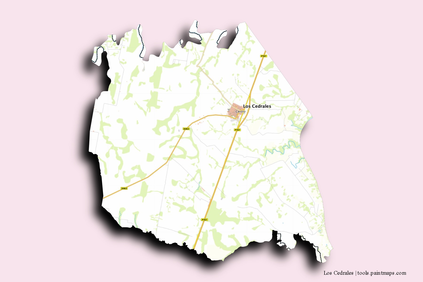 Mapa de barrios y pueblos de Los Cedrales con efecto de sombra 3D