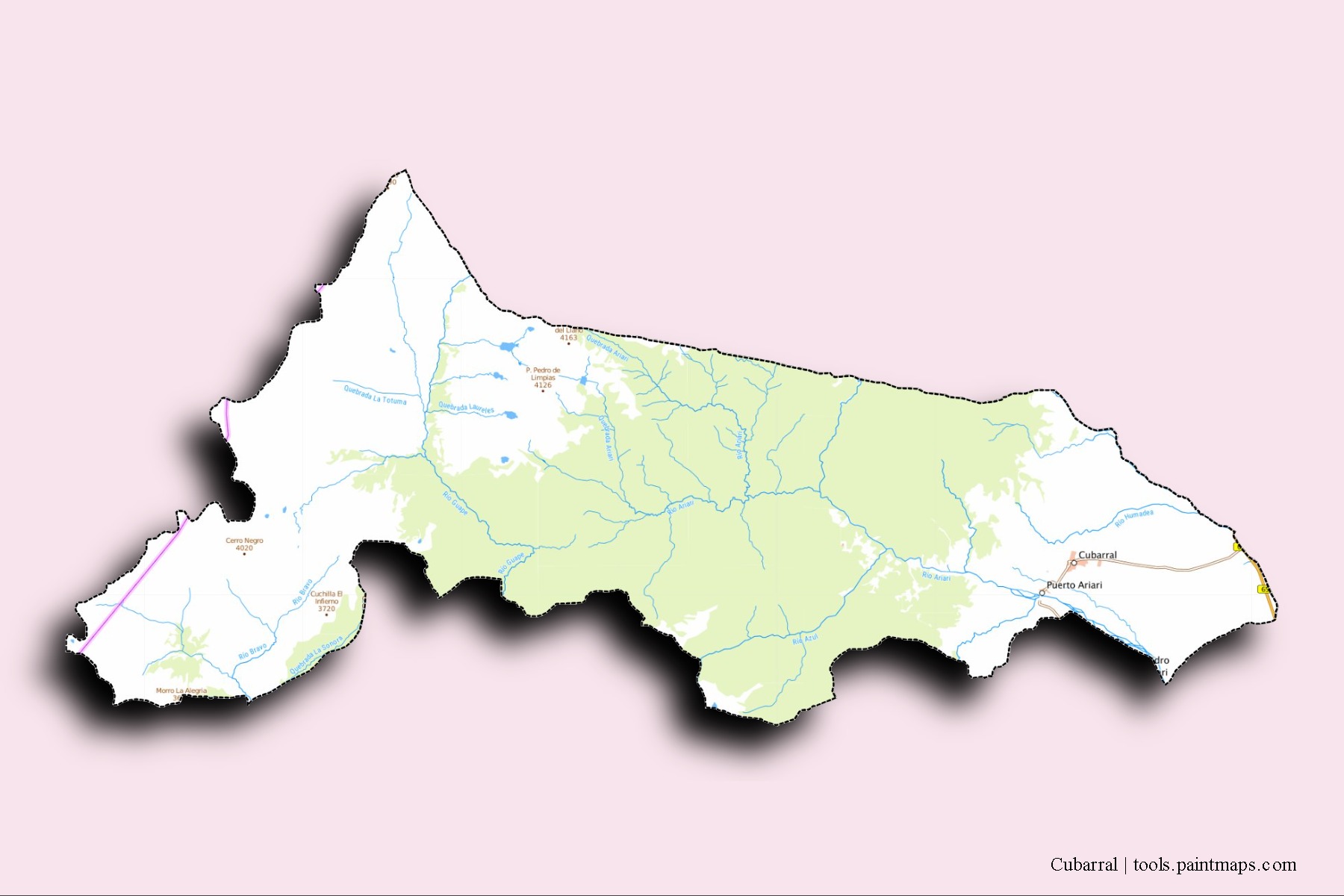 Mapa de barrios y pueblos de Cubarral con efecto de sombra 3D