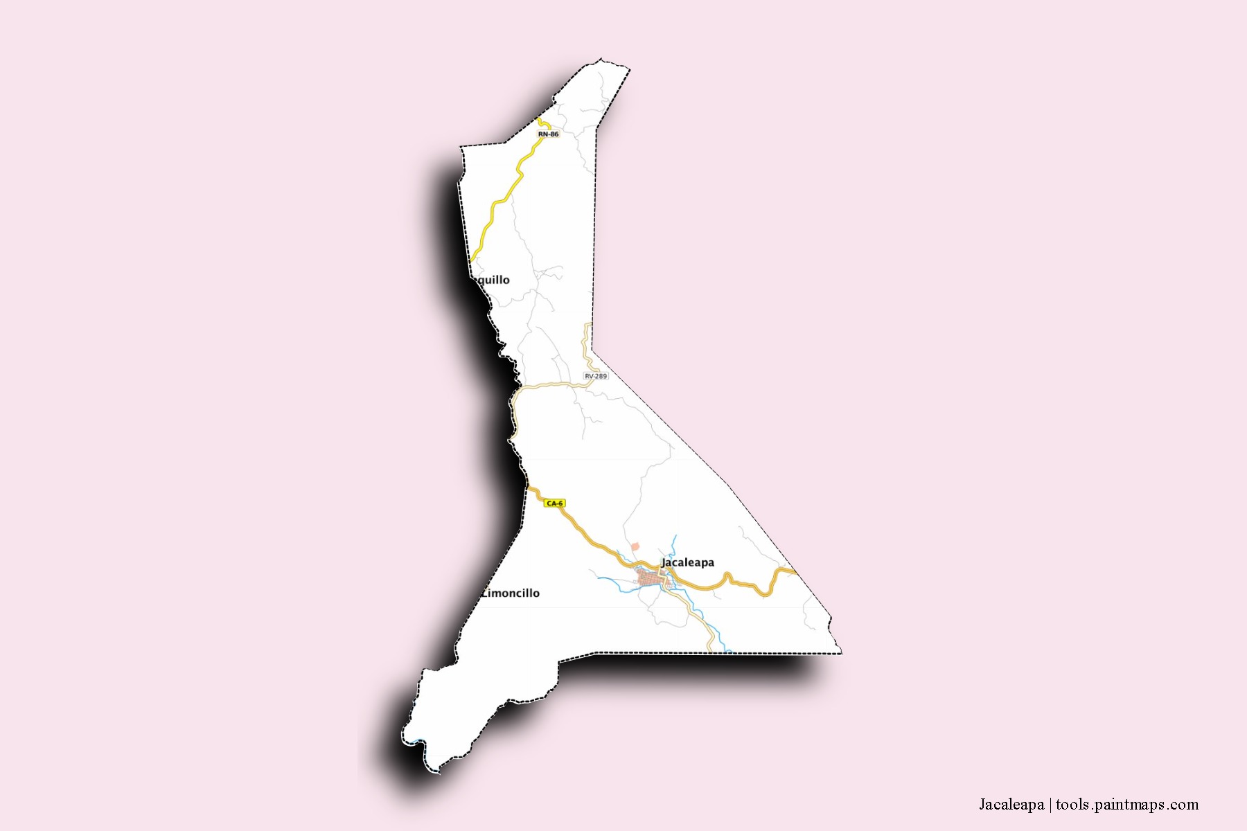 Mapa de barrios y pueblos de Jacaleapa con efecto de sombra 3D