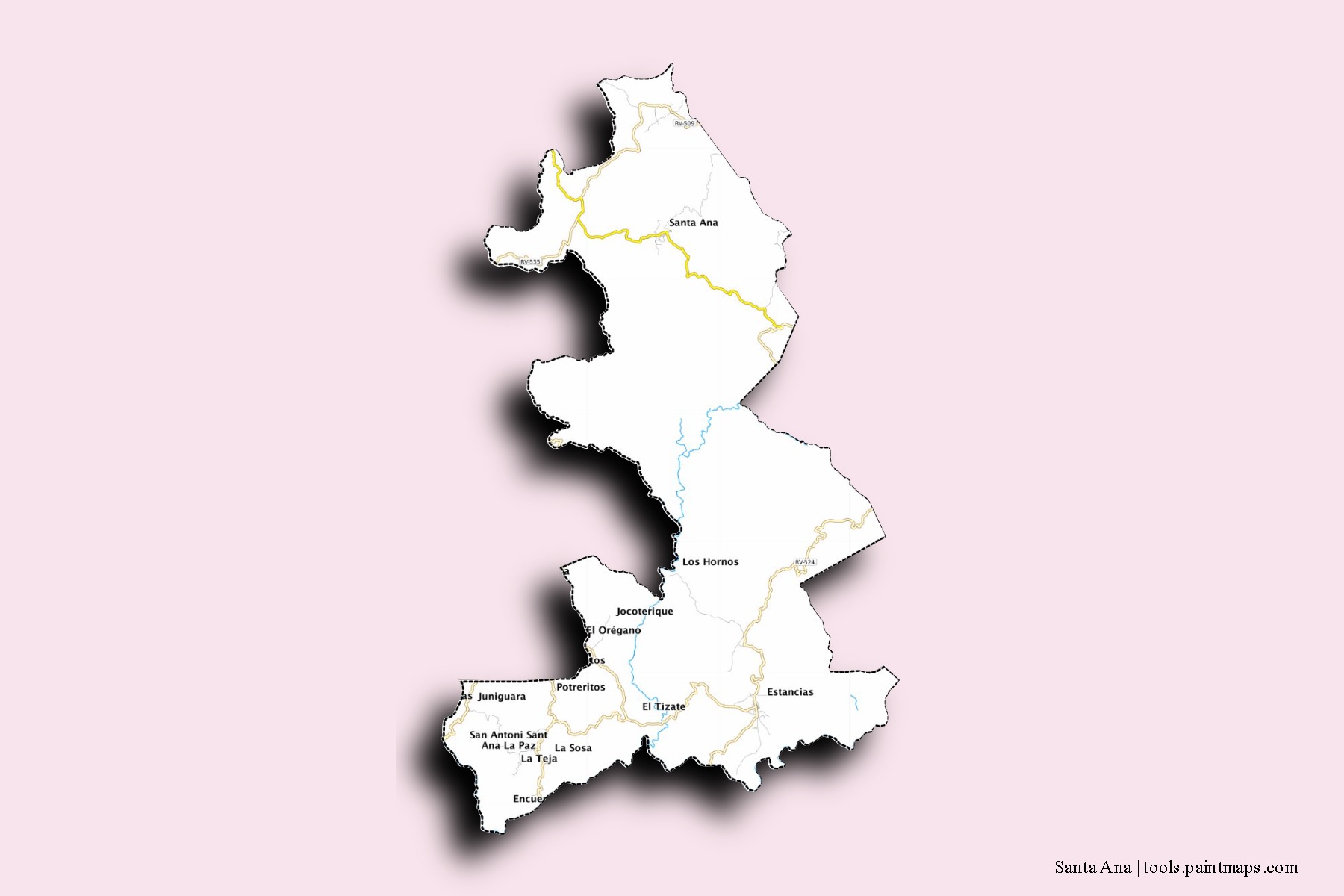 Mapa de barrios y pueblos de Santa Ana con efecto de sombra 3D