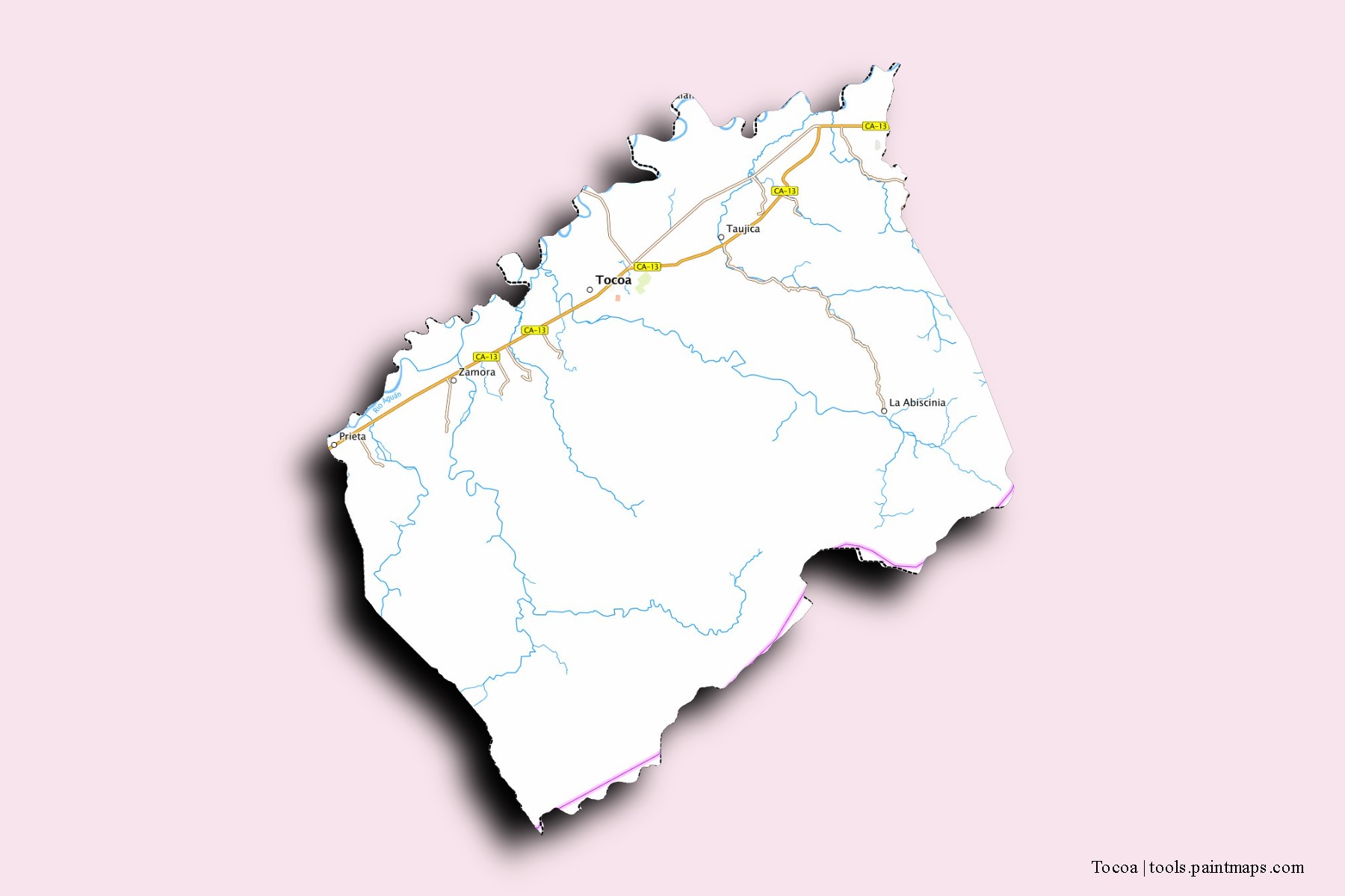 Mapa de barrios y pueblos de Tocoa con efecto de sombra 3D