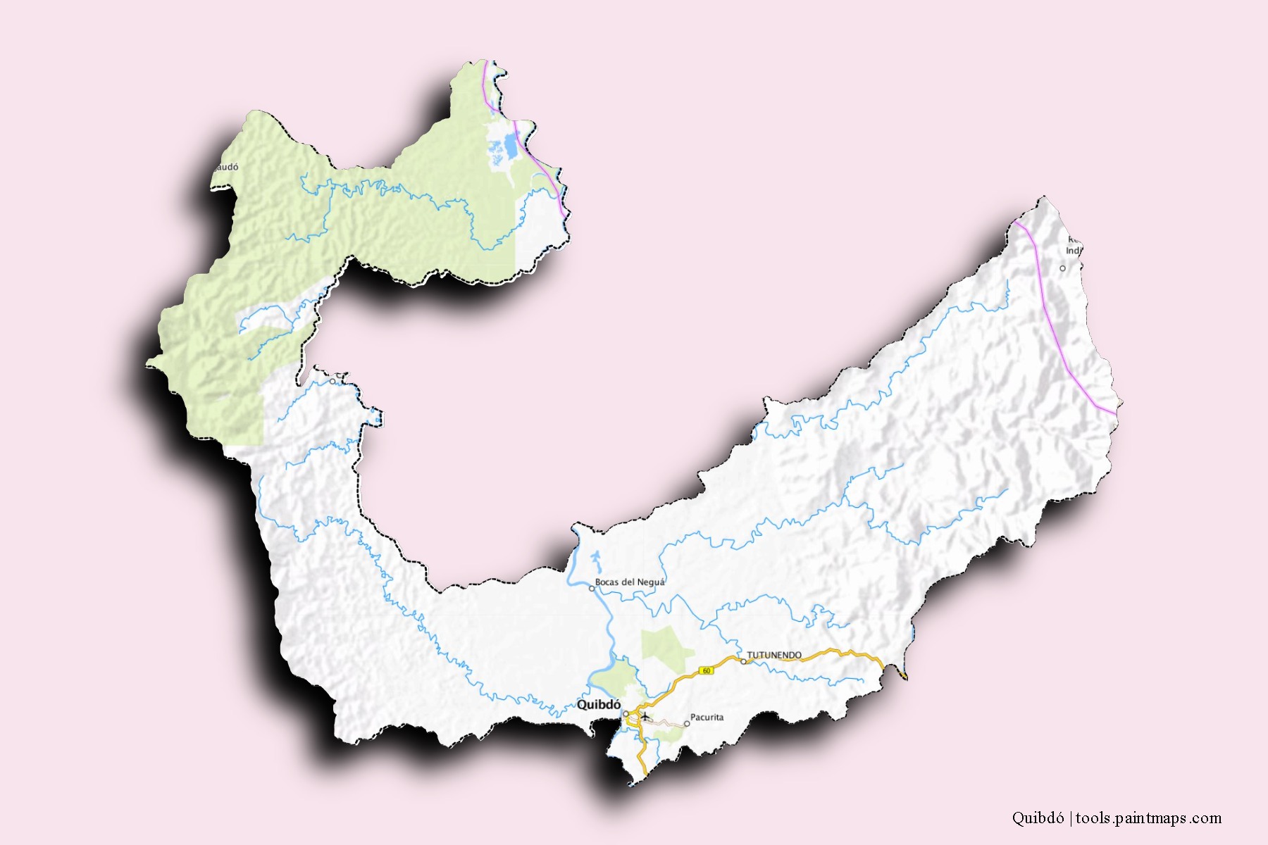 Mapa de barrios y pueblos de Quibdó con efecto de sombra 3D