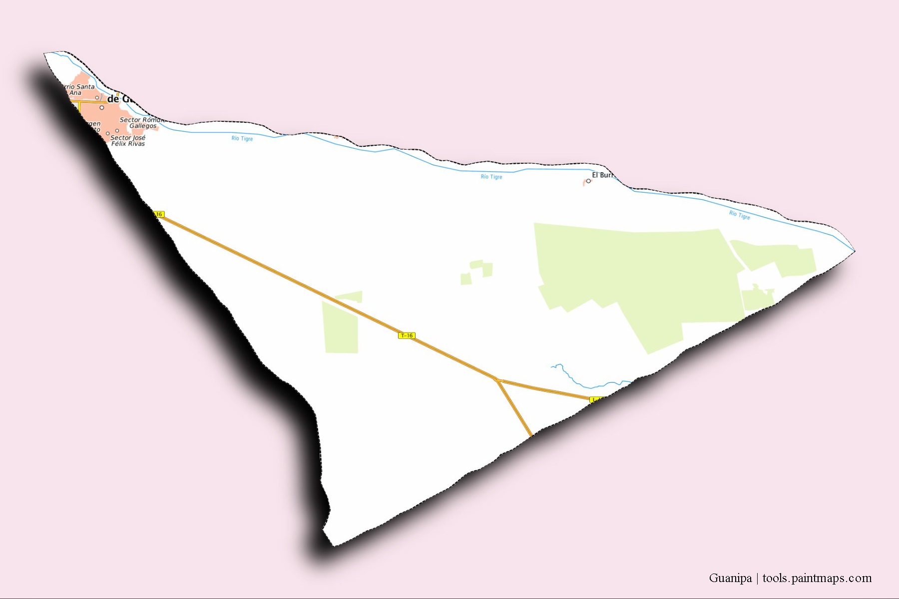 3D gölge efektli Guanipa mahalleleri ve köyleri haritası