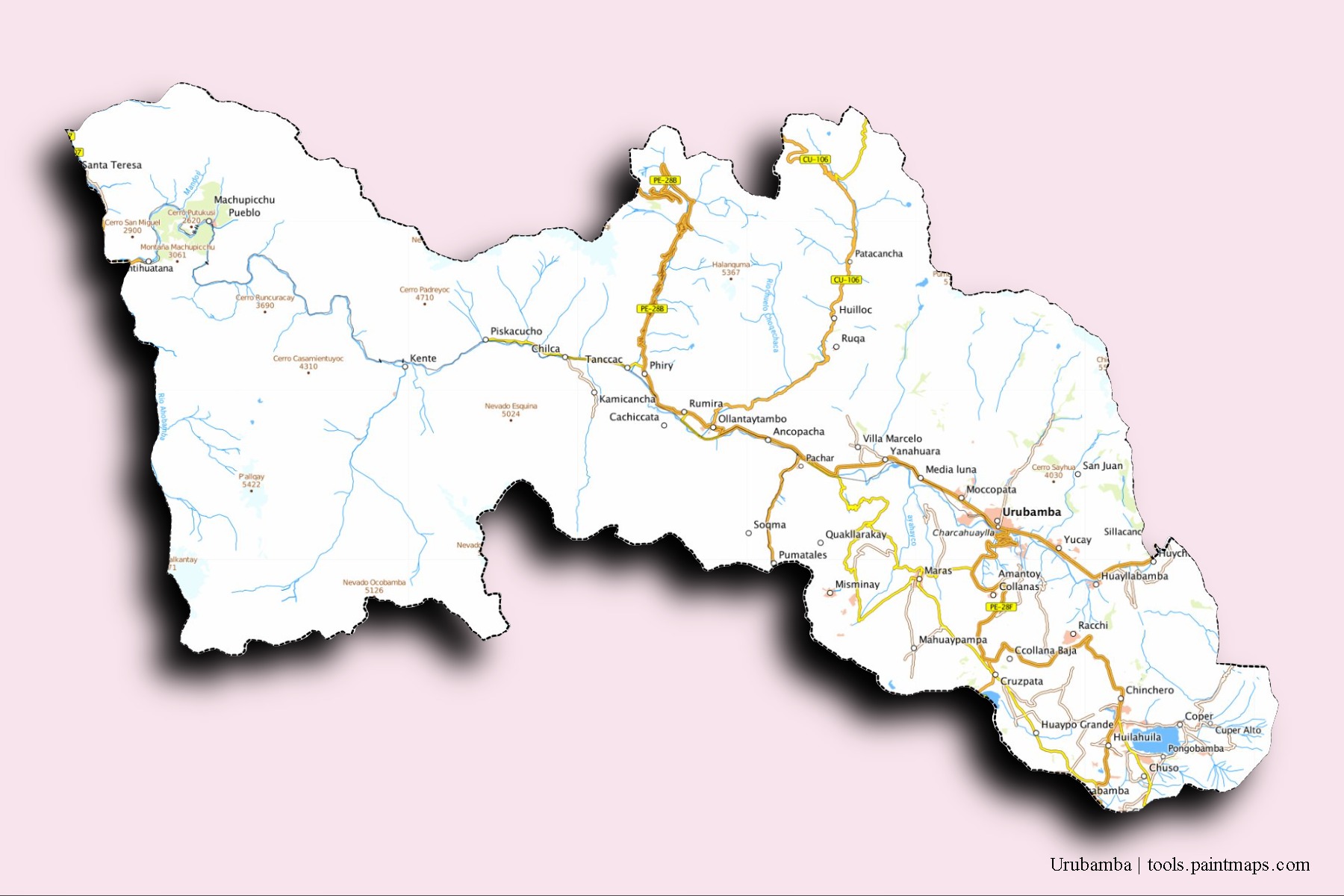3D gölge efektli Urubamba mahalleleri ve köyleri haritası