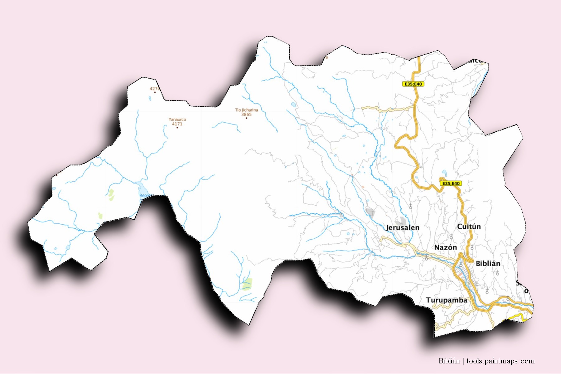 Biblián neighborhoods and villages map with 3D shadow effect