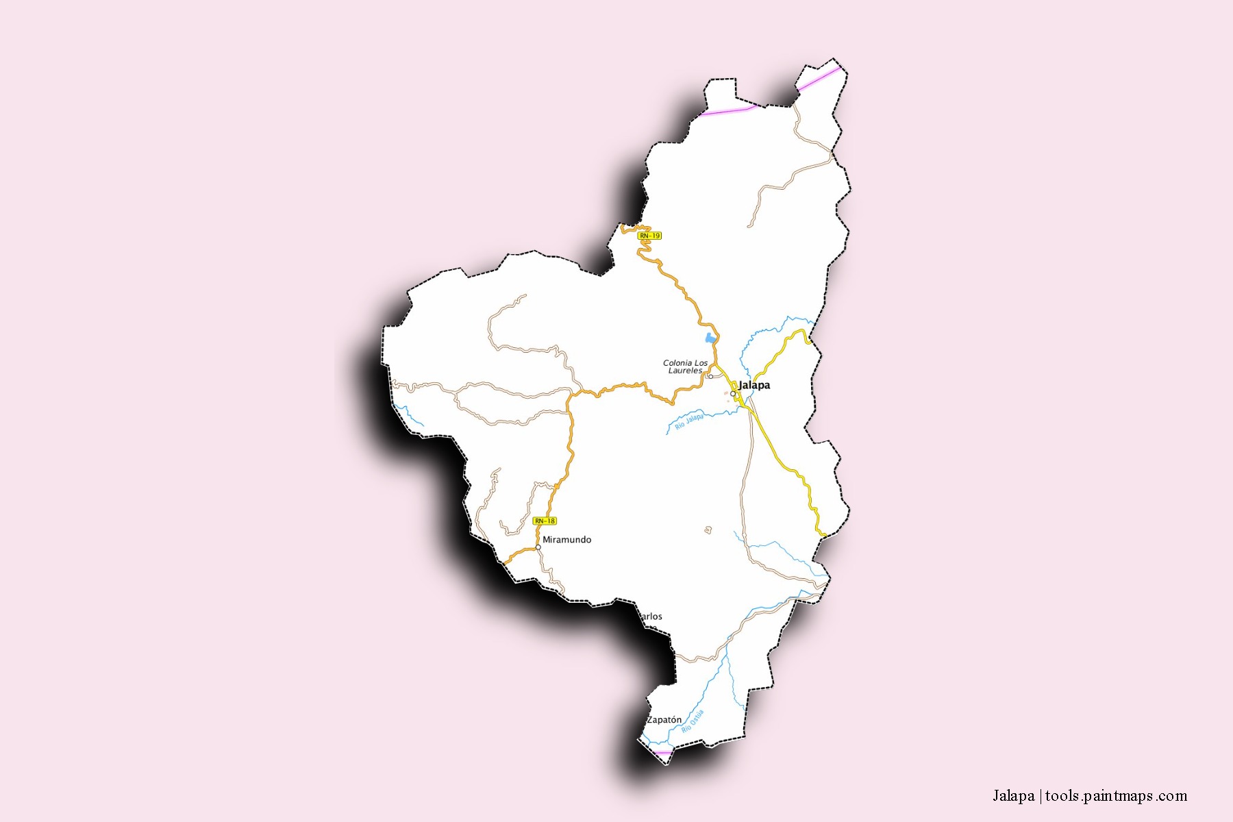 Mapa de barrios y pueblos de Jalapa con efecto de sombra 3D