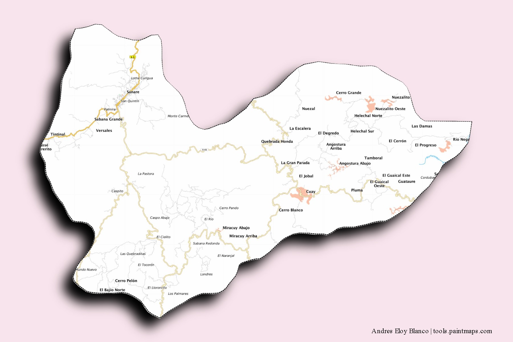 Mapa de barrios y pueblos de Andres Eloy Blanco con efecto de sombra 3D