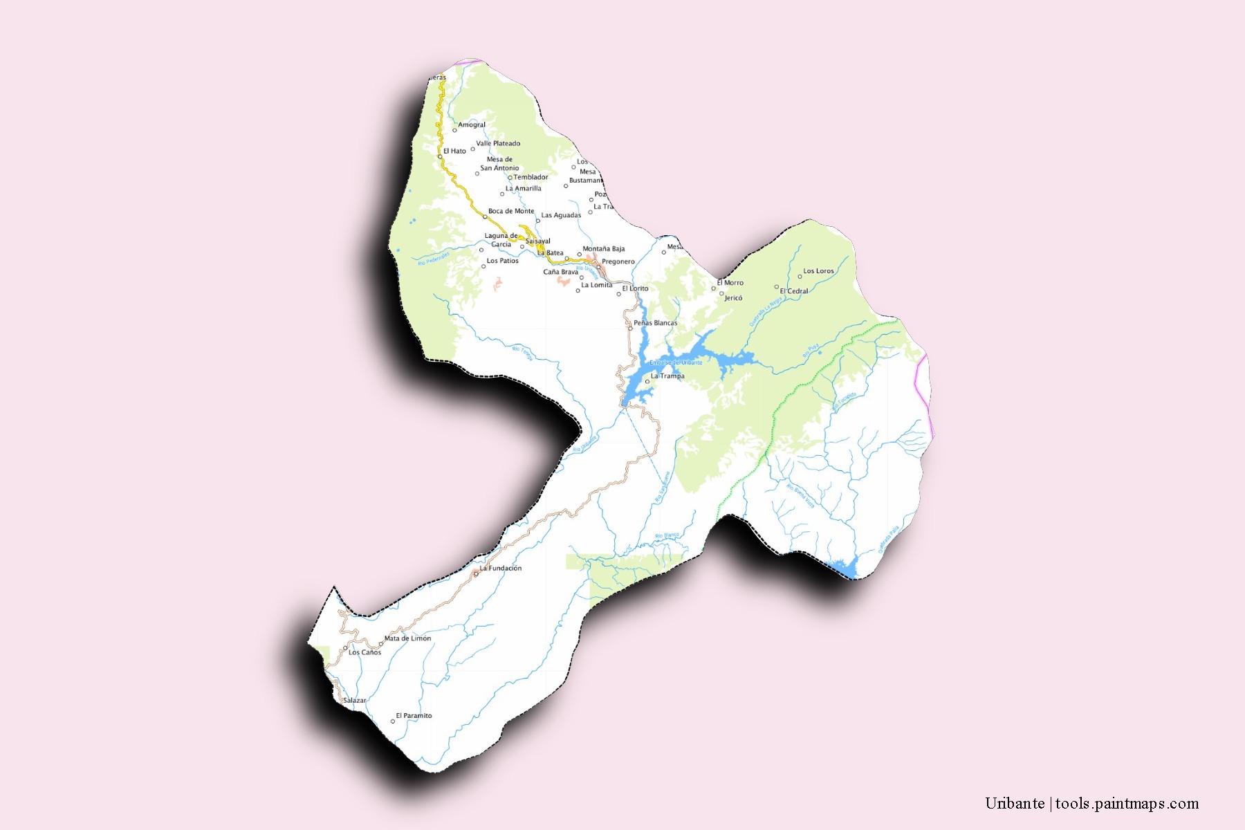 Mapa de barrios y pueblos de Uribante con efecto de sombra 3D