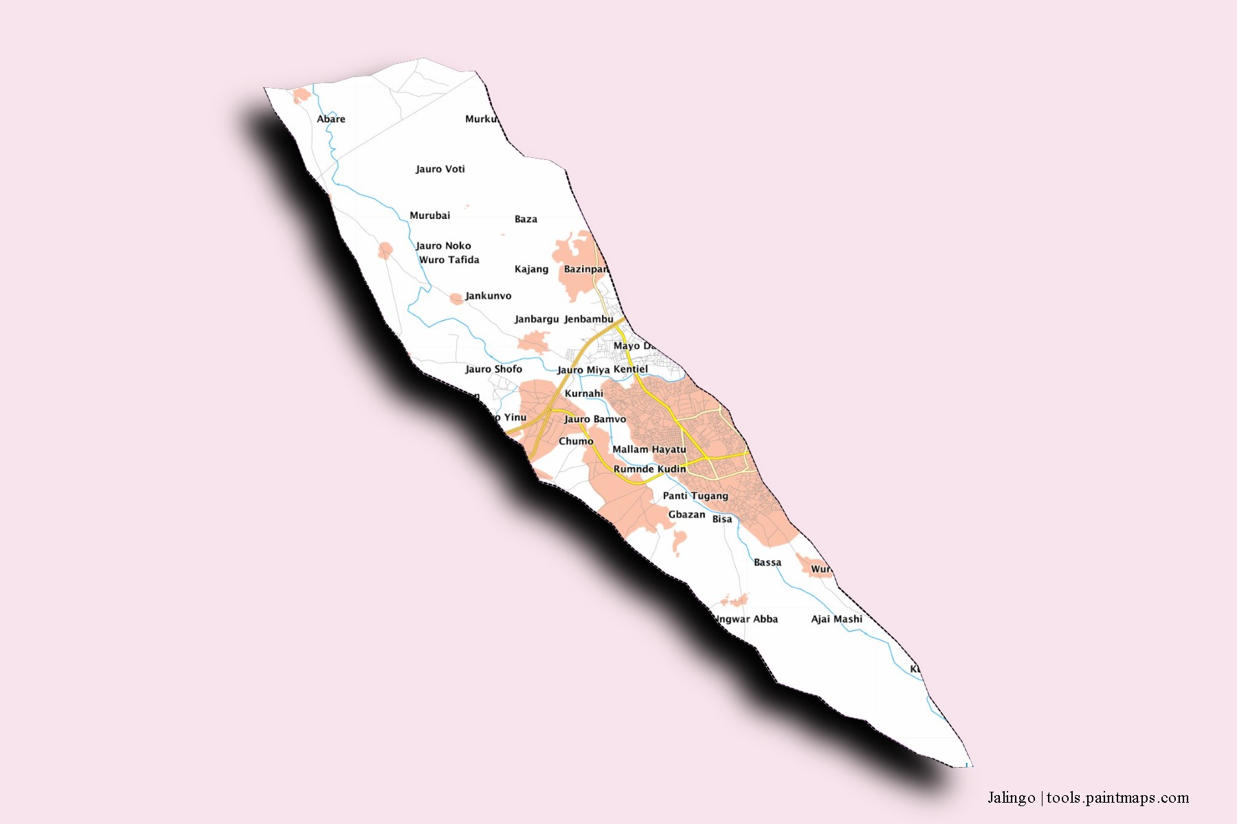 3D gölge efektli Jalingo mahalleleri ve köyleri haritası