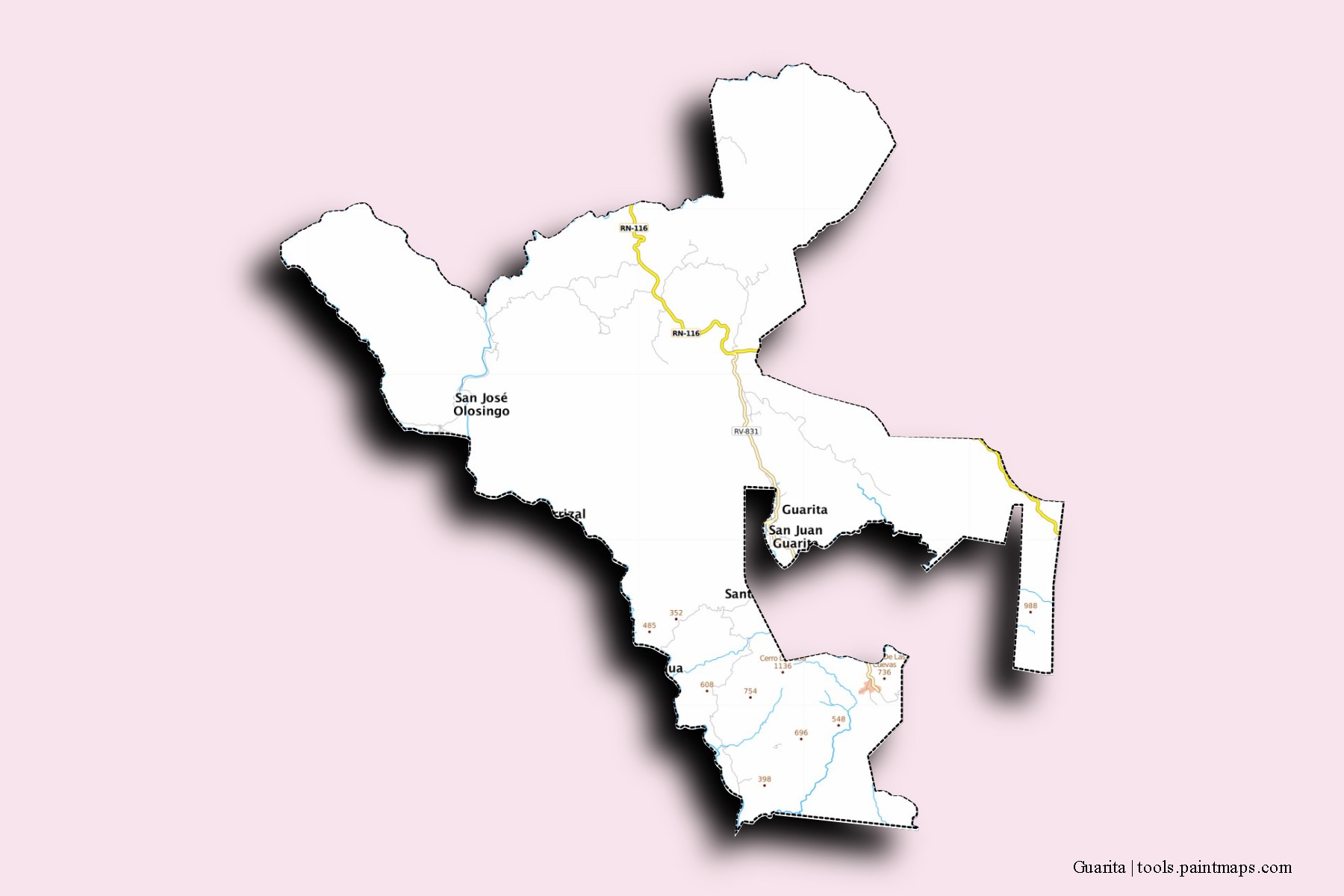 Guarita neighborhoods and villages map with 3D shadow effect