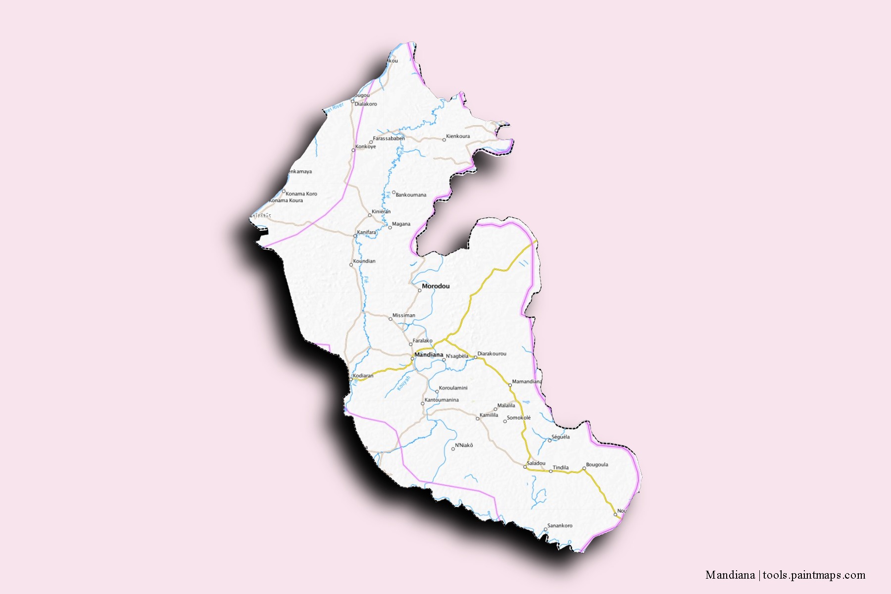 Mapa de barrios y pueblos de Mandiana con efecto de sombra 3D