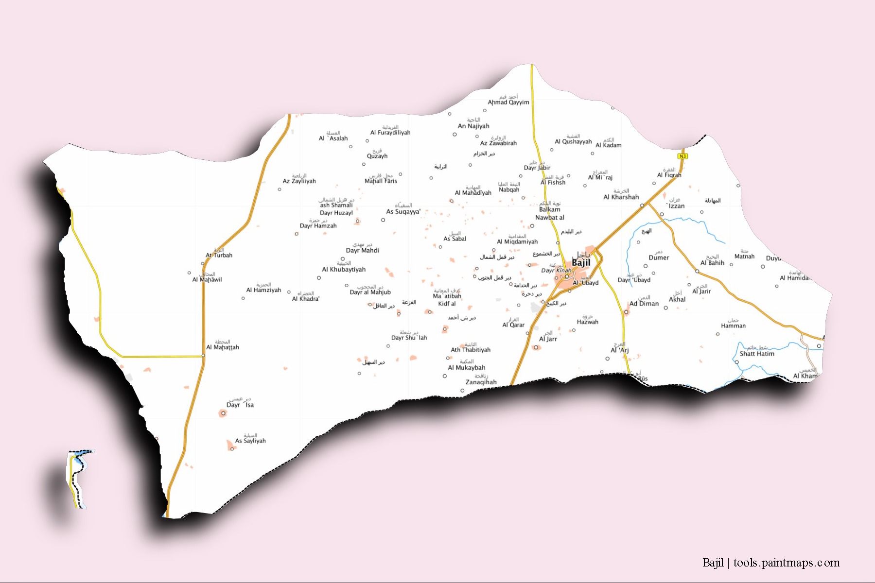 Mapa de barrios y pueblos de Bajil con efecto de sombra 3D