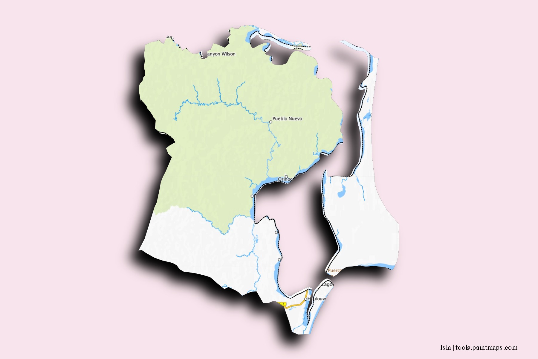 Mapa de barrios y pueblos de Isla con efecto de sombra 3D