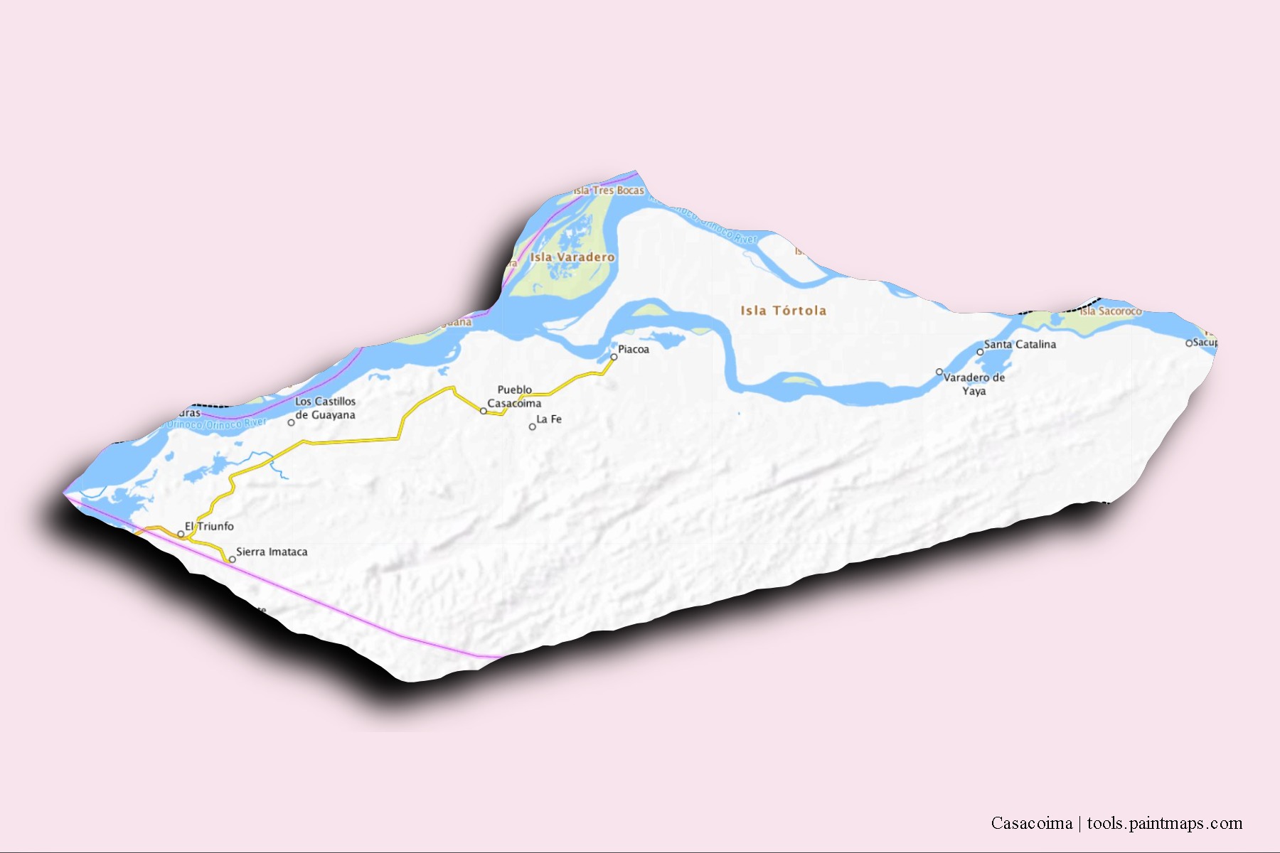 Mapa de barrios y pueblos de Casacoima con efecto de sombra 3D