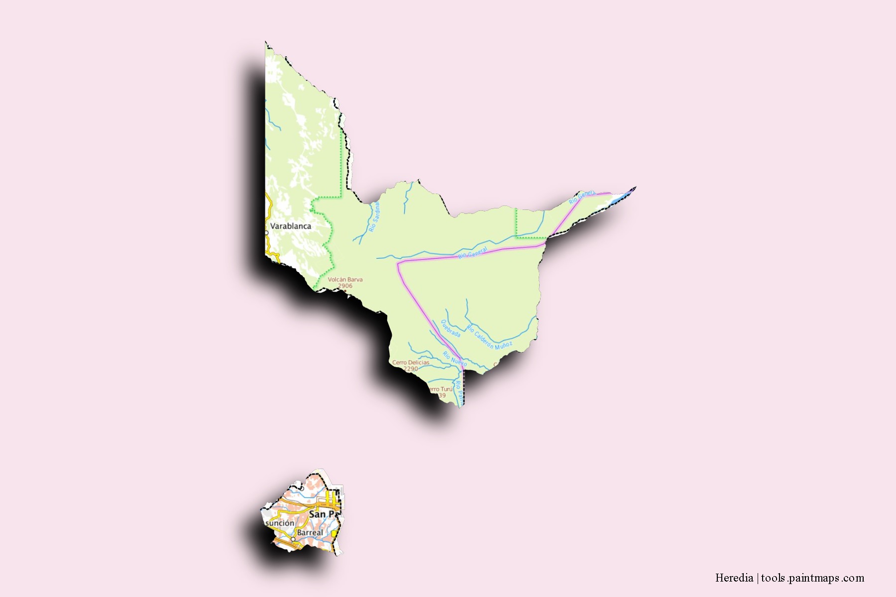 Heredia neighborhoods and villages map with 3D shadow effect