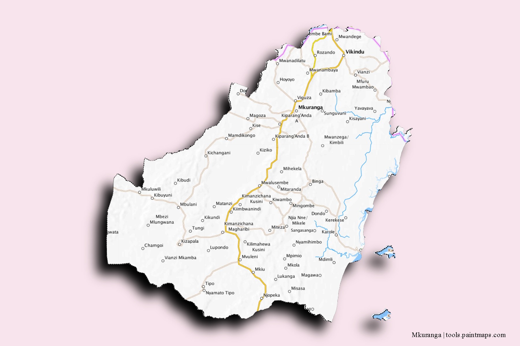 Mapa de barrios y pueblos de Mkuranga con efecto de sombra 3D