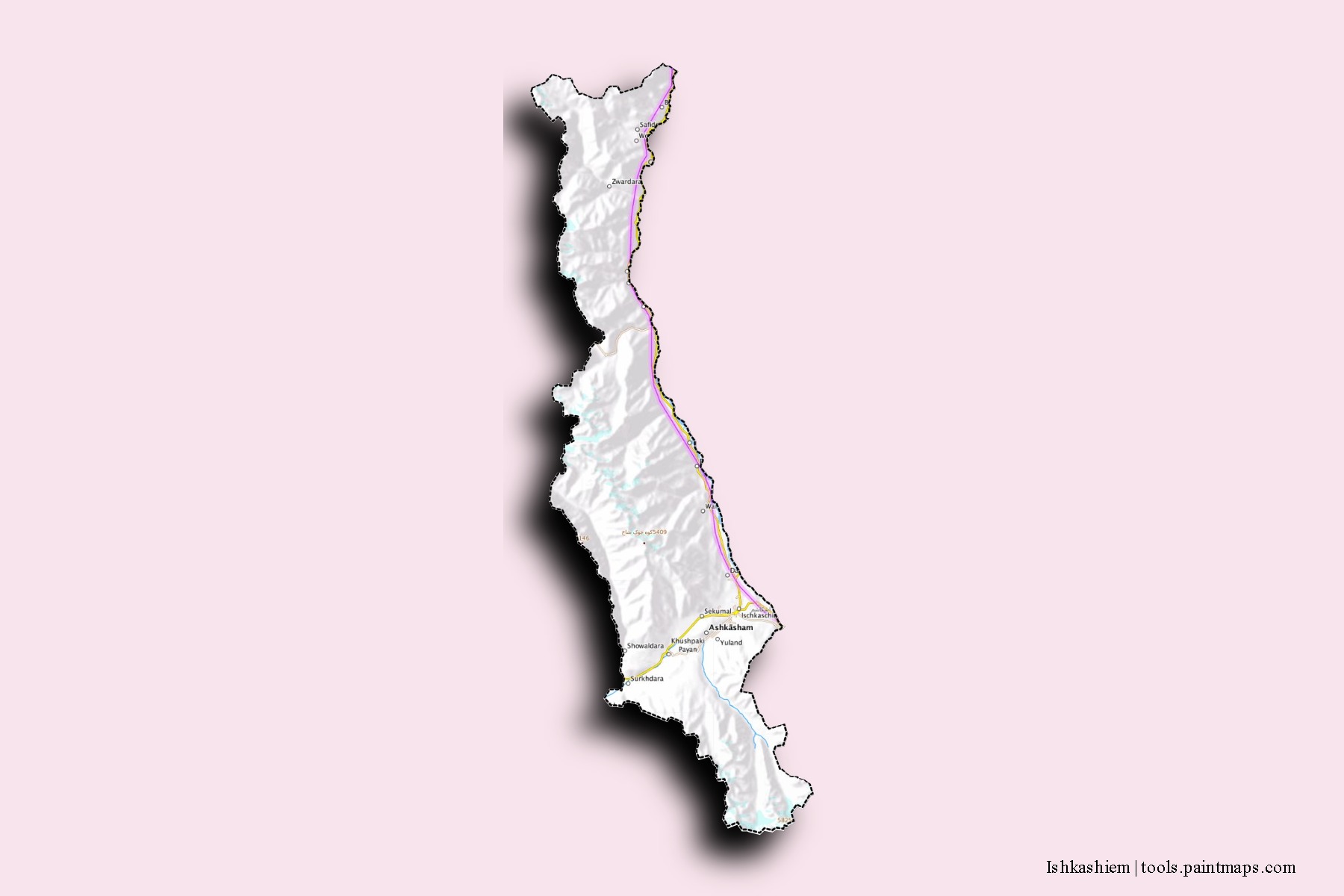 Mapa de barrios y pueblos de Ishkashiem con efecto de sombra 3D