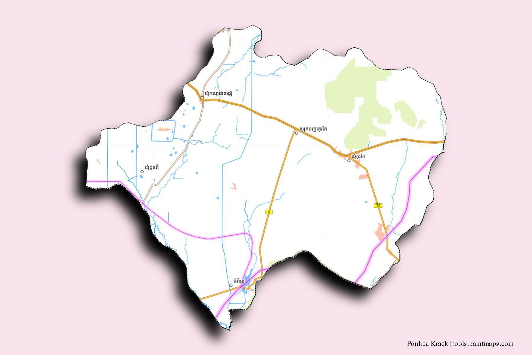 Ponhea Kraek neighborhoods and villages map with 3D shadow effect