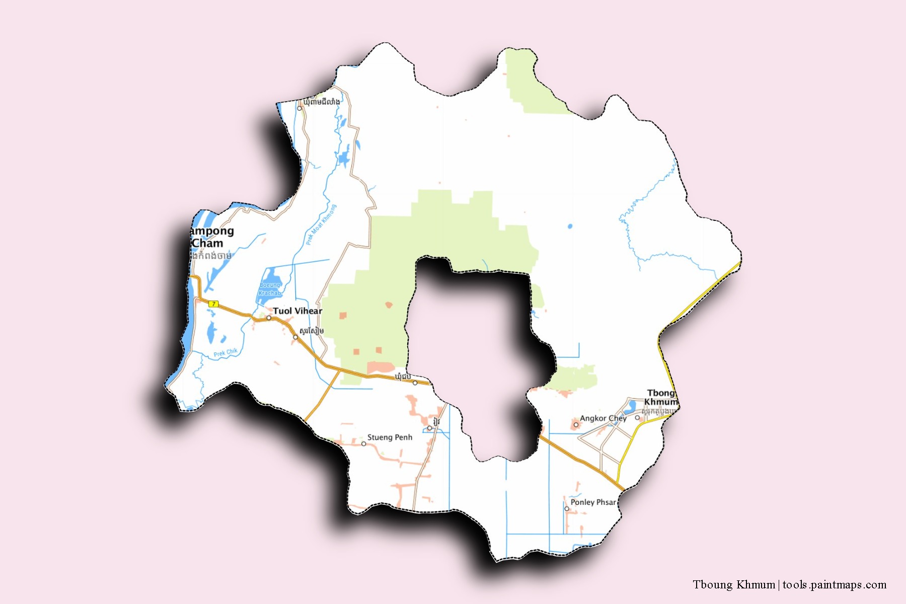 Tboung Khmum neighborhoods and villages map with 3D shadow effect