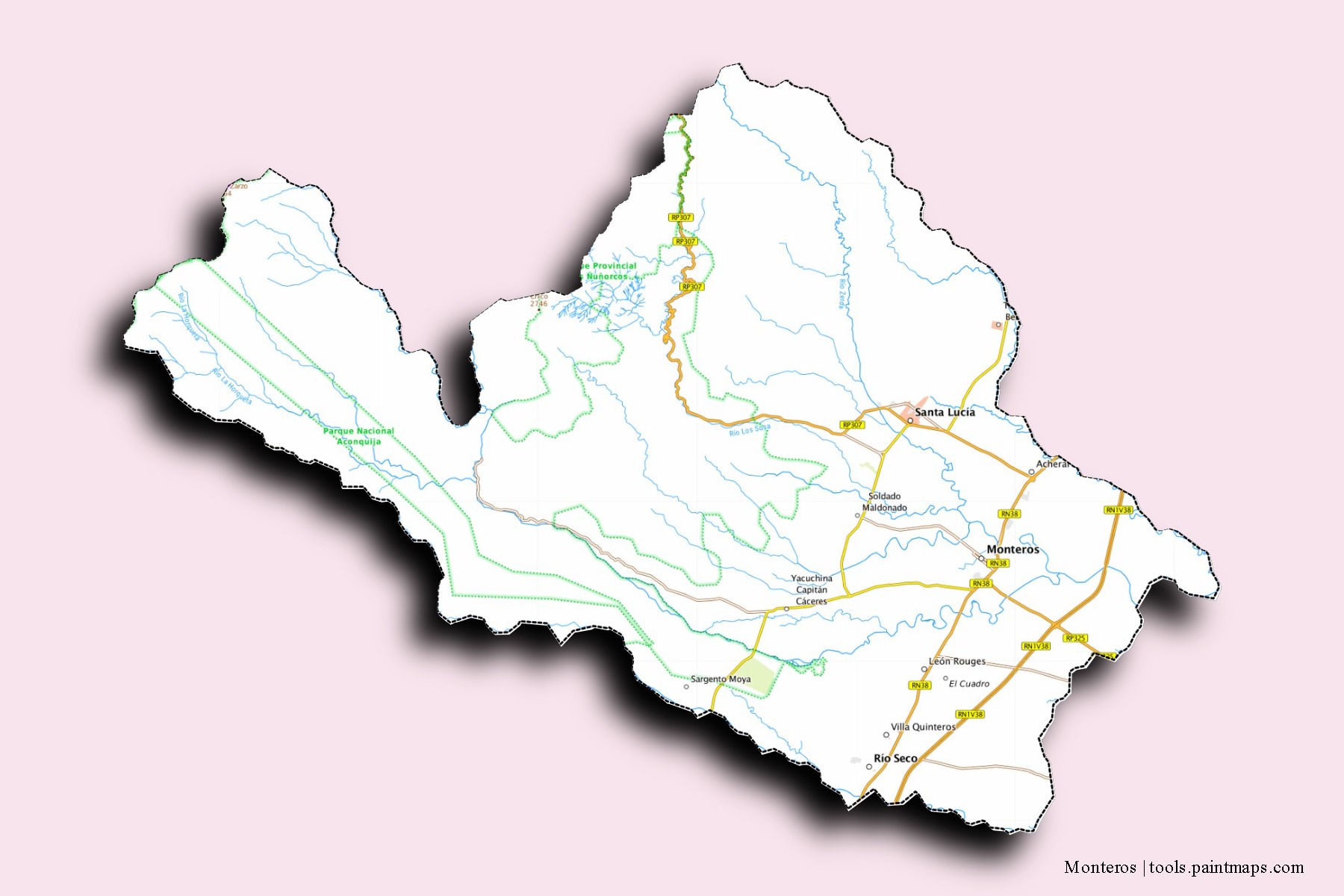 Monteros neighborhoods and villages map with 3D shadow effect