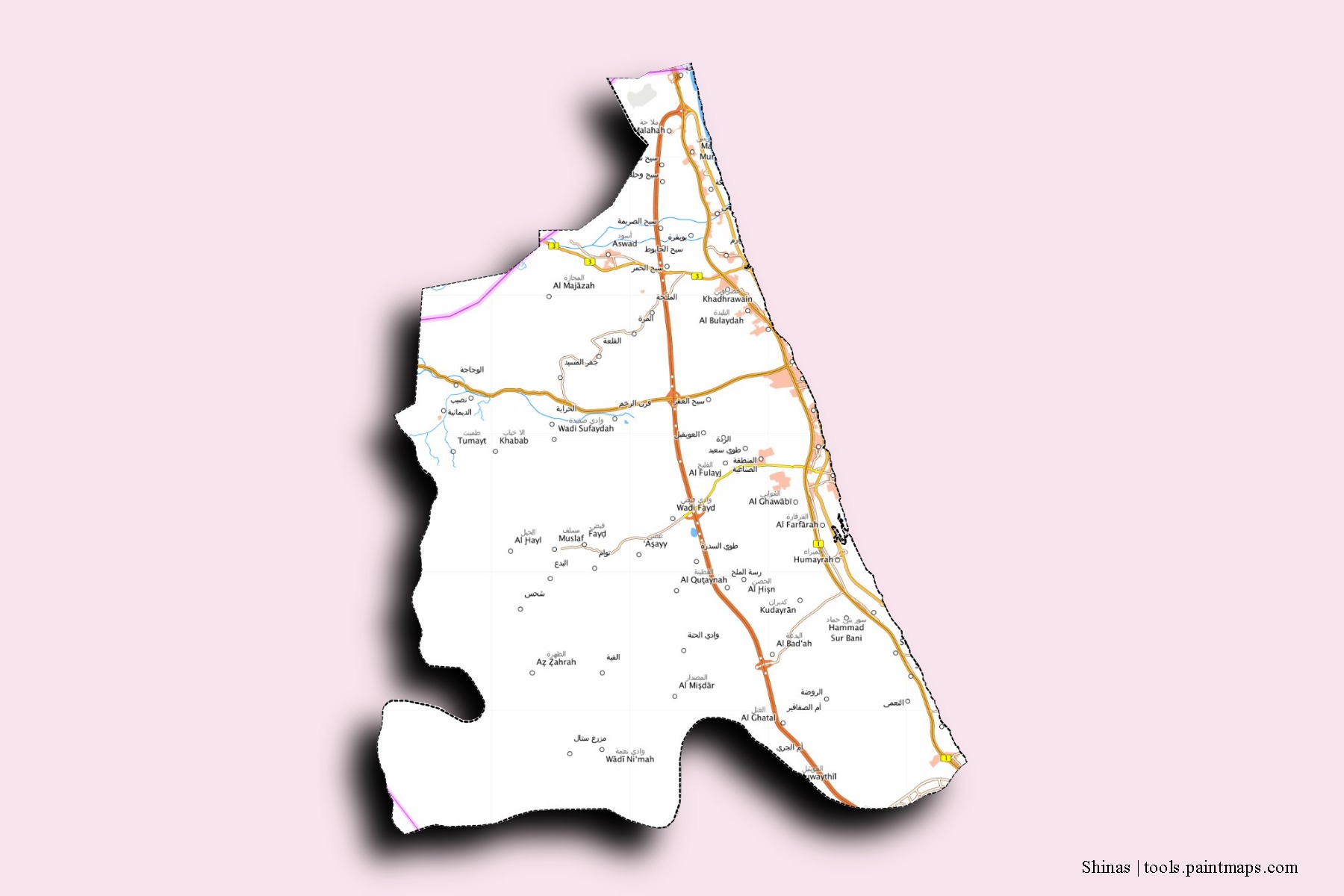 Mapa de barrios y pueblos de Shinas con efecto de sombra 3D