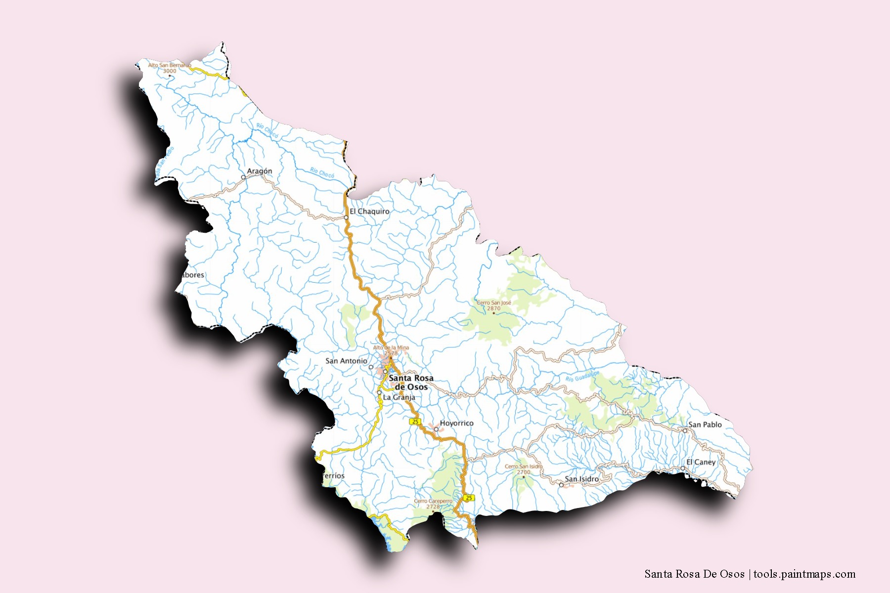 3D gölge efektli Santa Rosa De Osos mahalleleri ve köyleri haritası