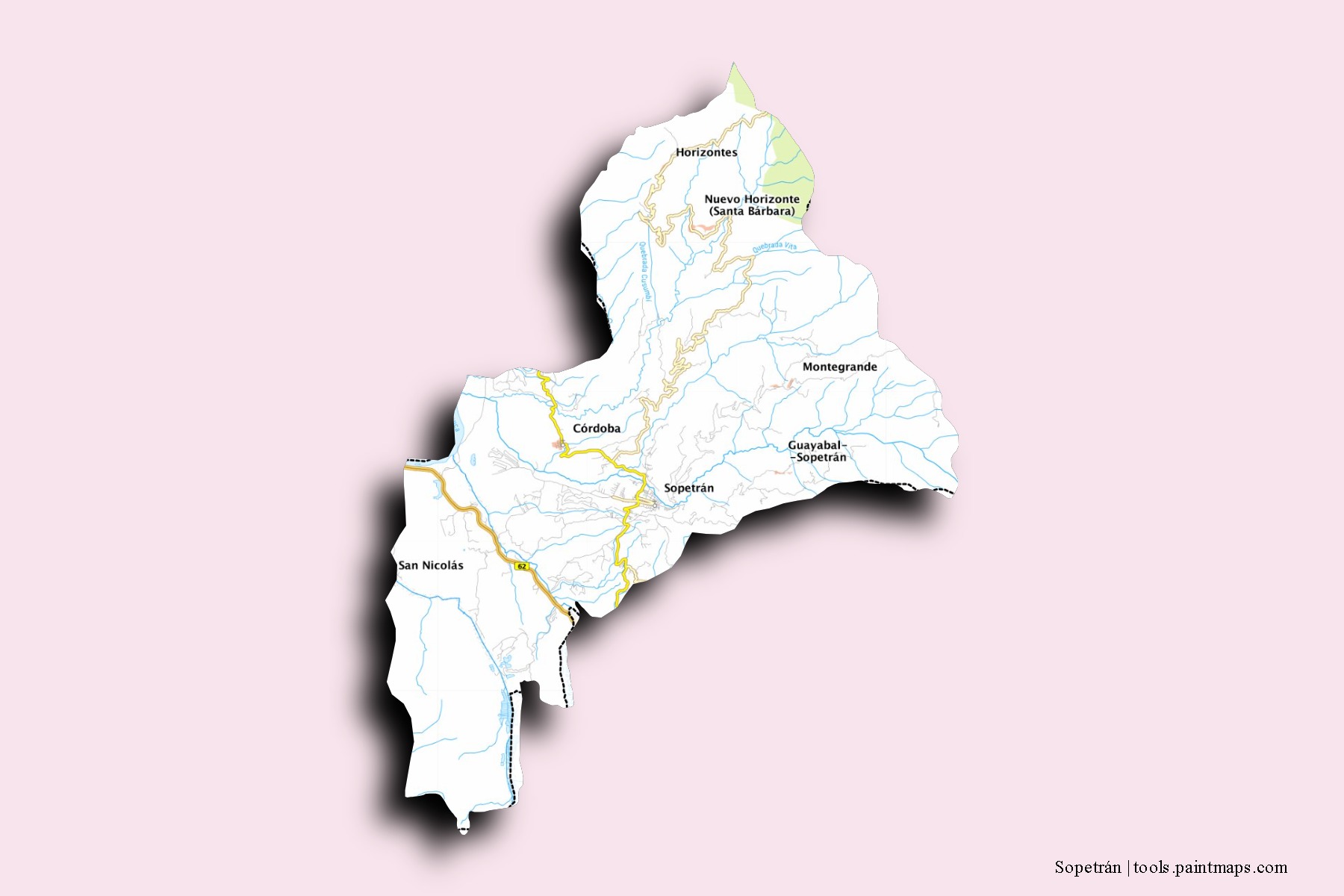 Mapa de barrios y pueblos de Sopetrán con efecto de sombra 3D