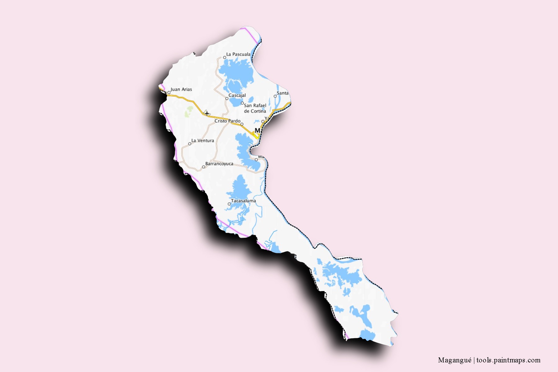 Magangué neighborhoods and villages map with 3D shadow effect