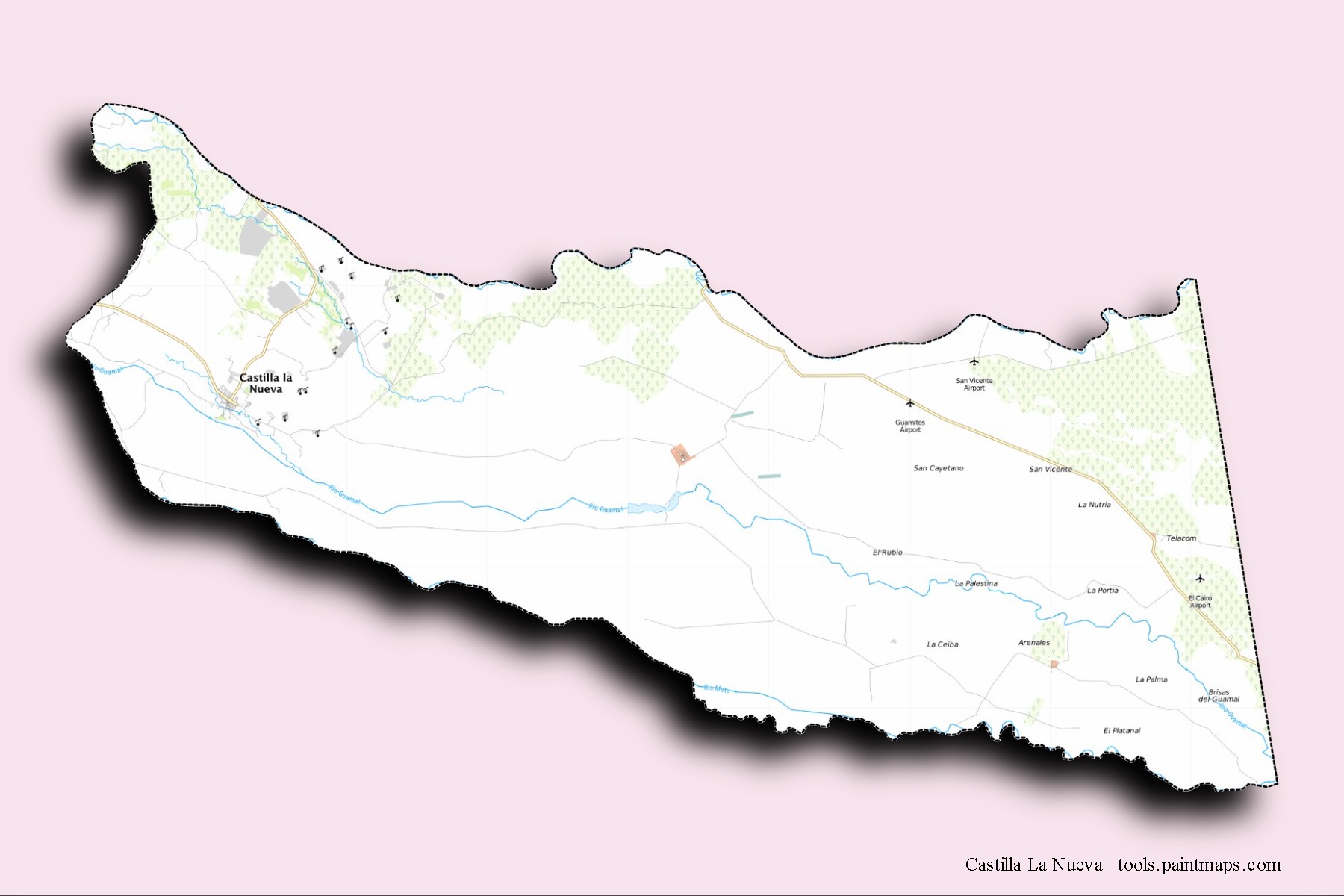 Castilla La Nueva neighborhoods and villages map with 3D shadow effect