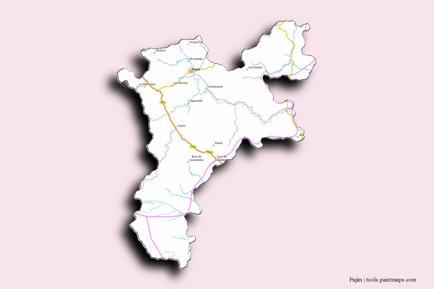 Paján neighborhoods and villages map with 3D shadow effect