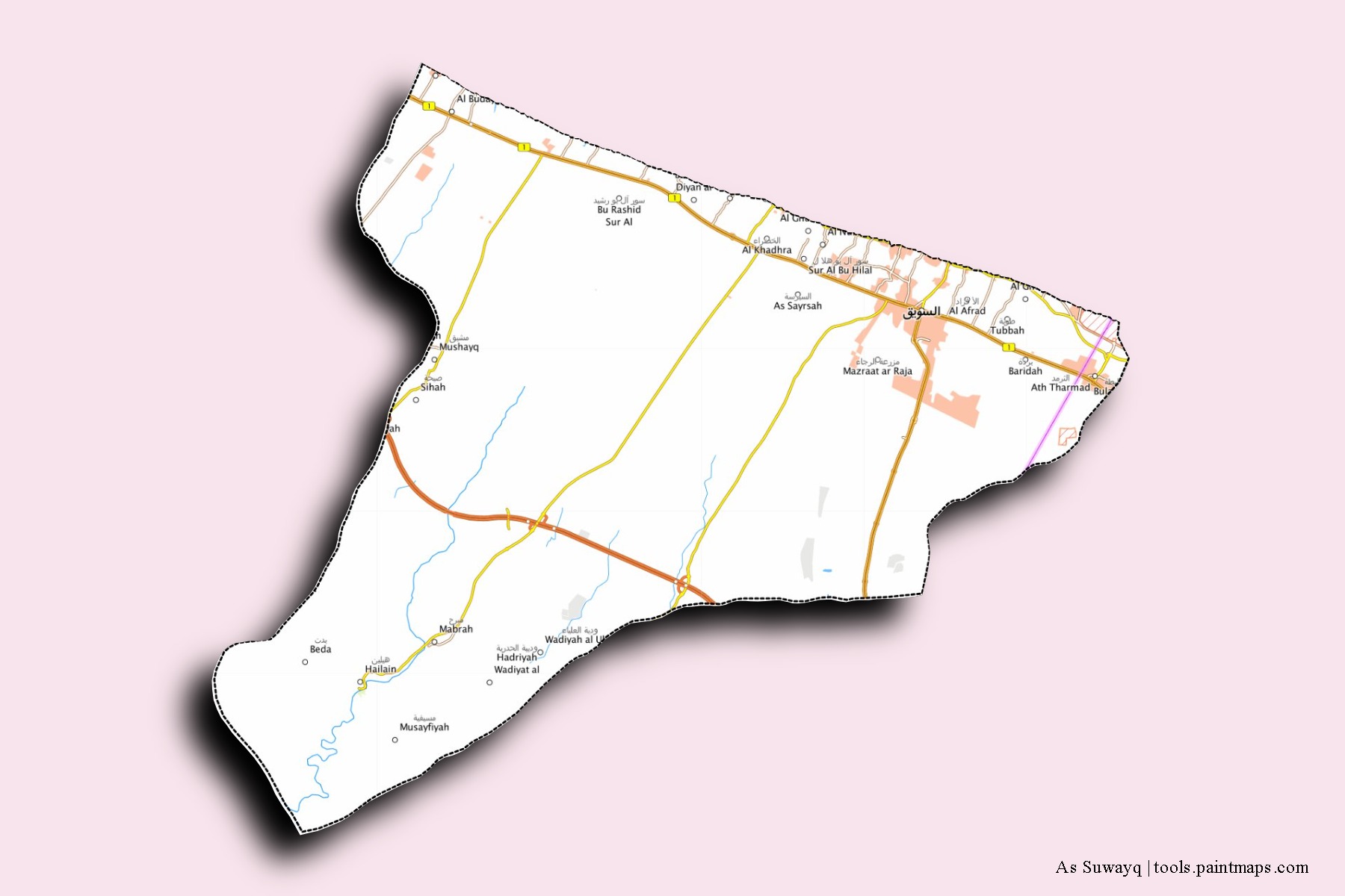 Mapa de barrios y pueblos de As Suwayq con efecto de sombra 3D