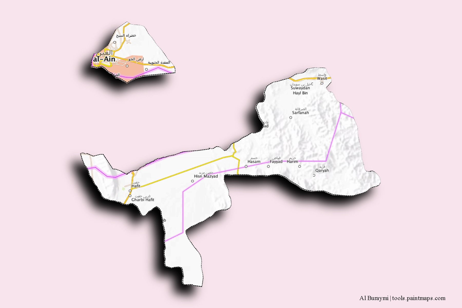 Mapa de barrios y pueblos de Al Buraymi con efecto de sombra 3D