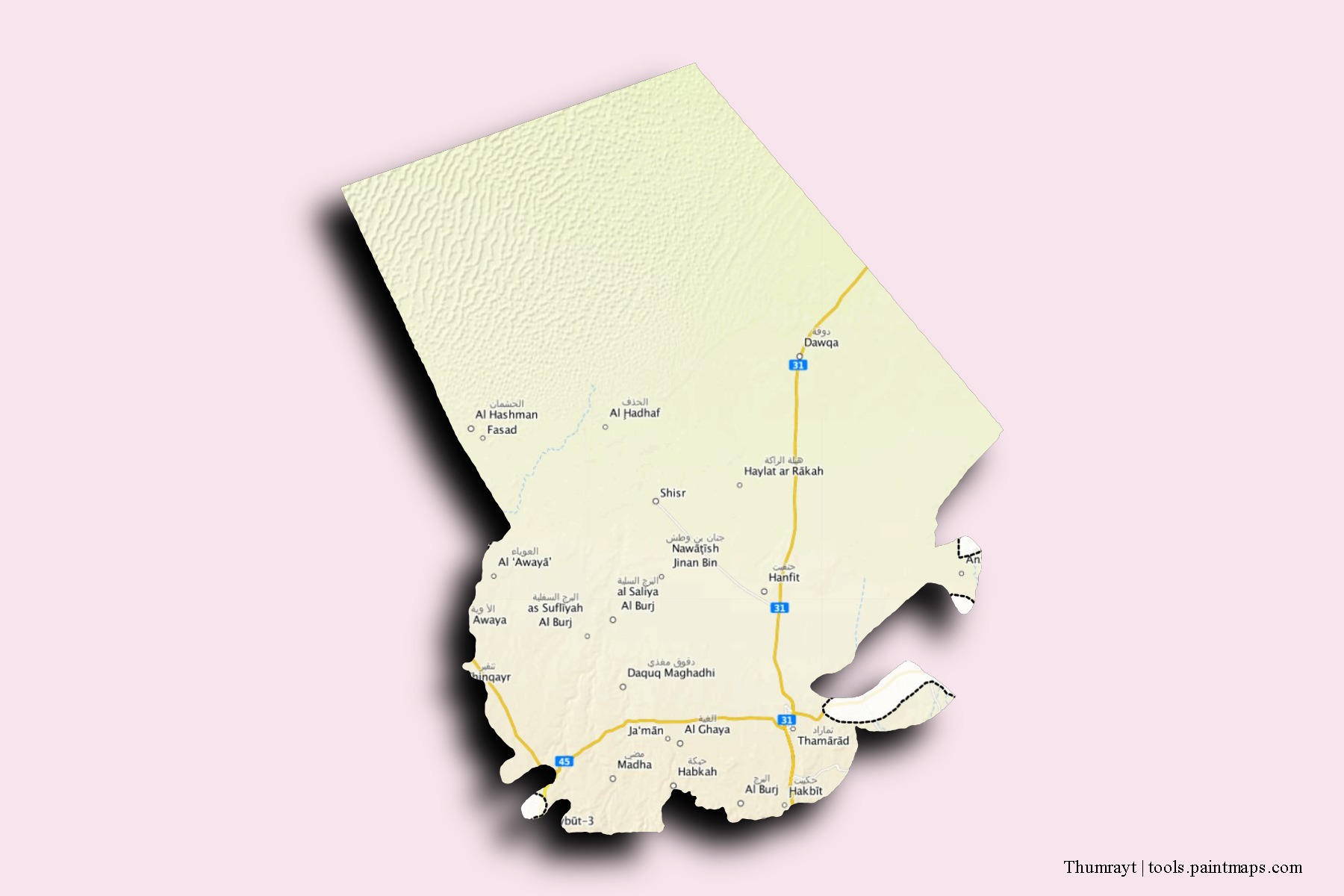 Mapa de barrios y pueblos de Thumrayt con efecto de sombra 3D