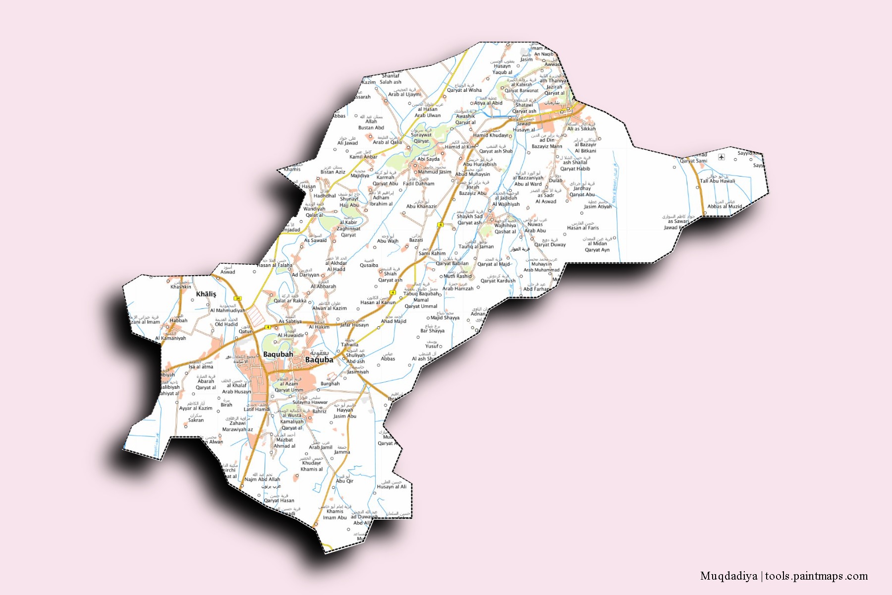 3D gölge efektli Muqdadiya mahalleleri ve köyleri haritası